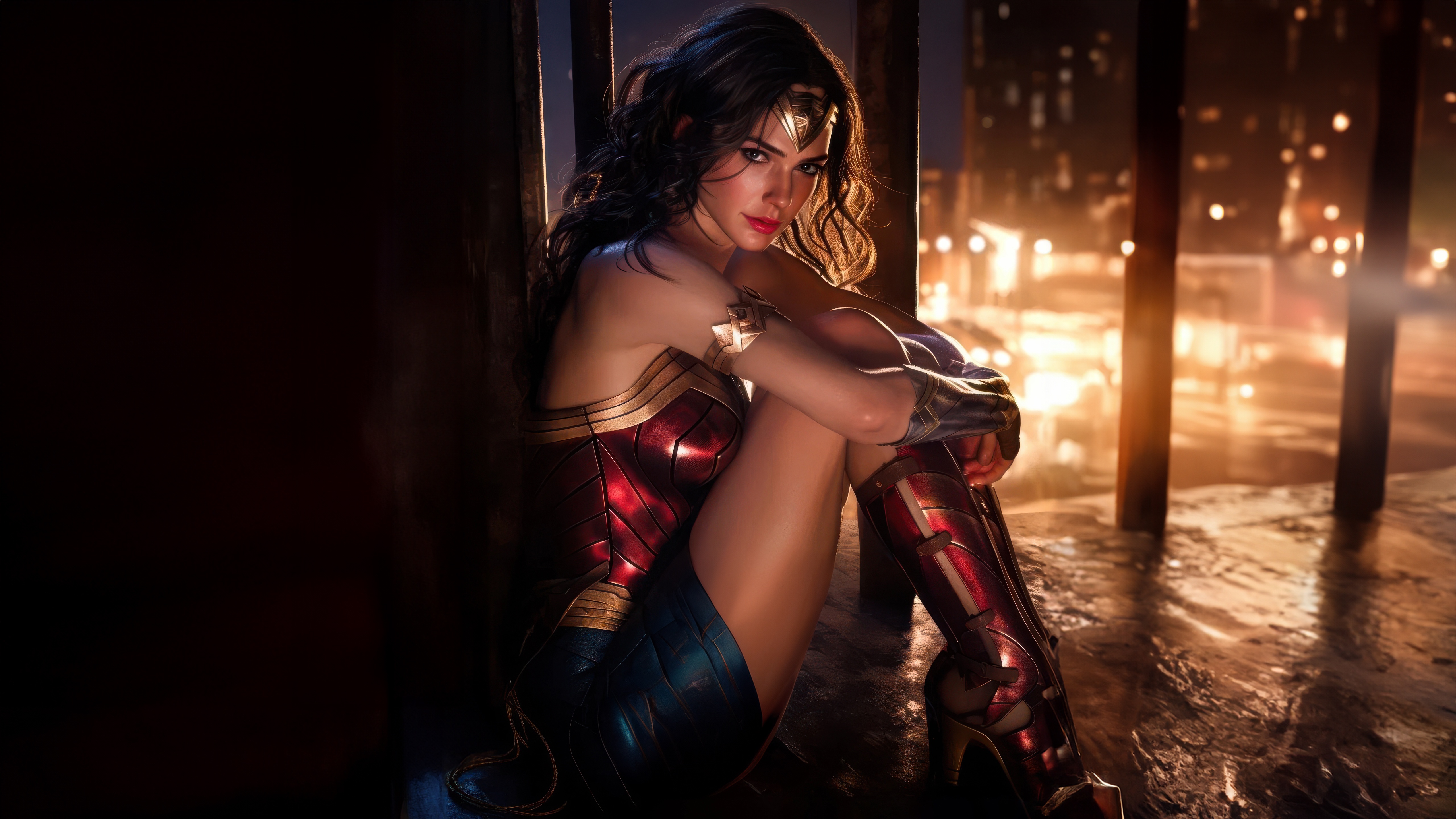 Wonder Woman sitting in front of a city at night HD Wallpaper