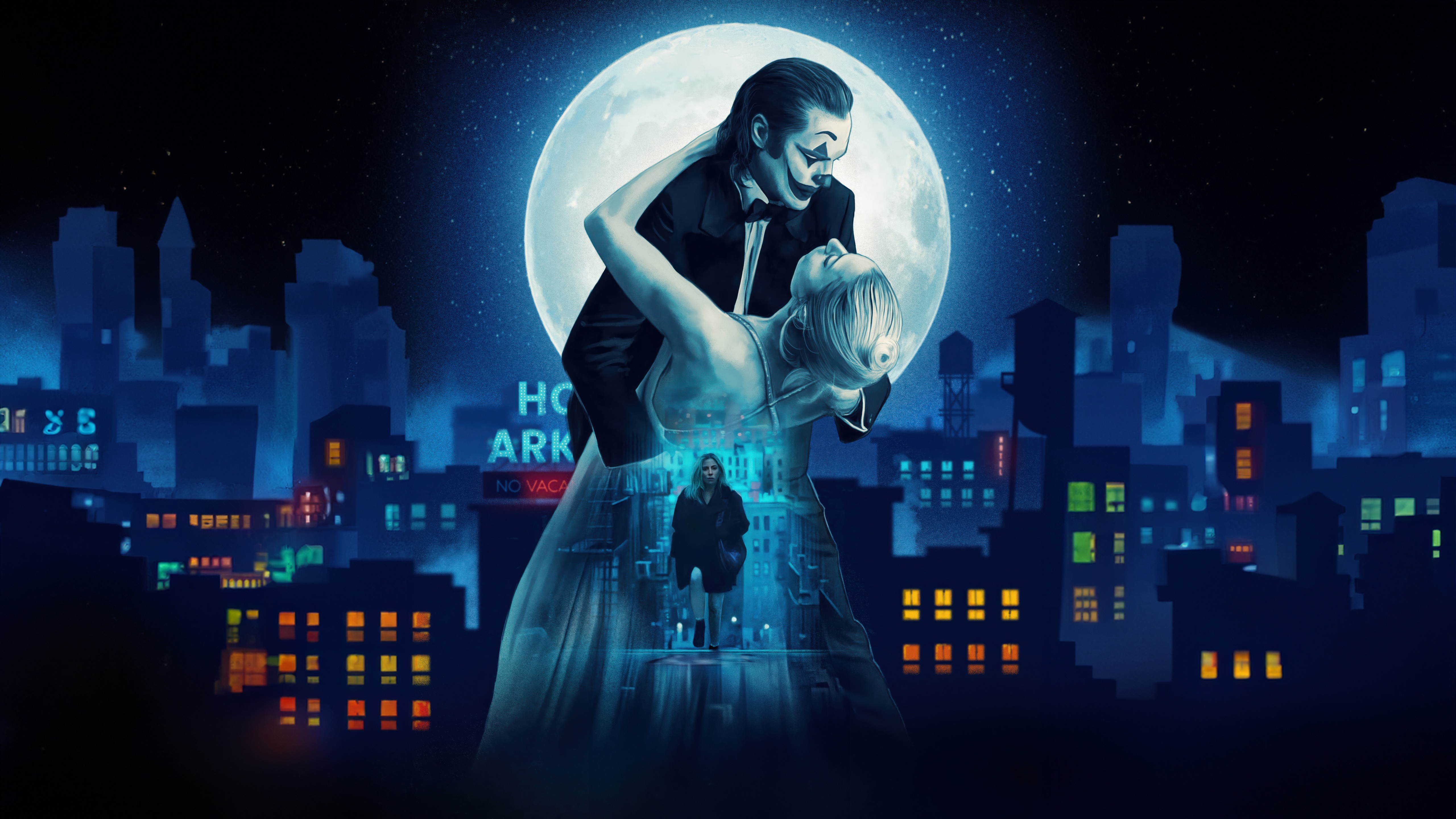 Joker and Harley Quinn dancing under the moon HD Wallpaper