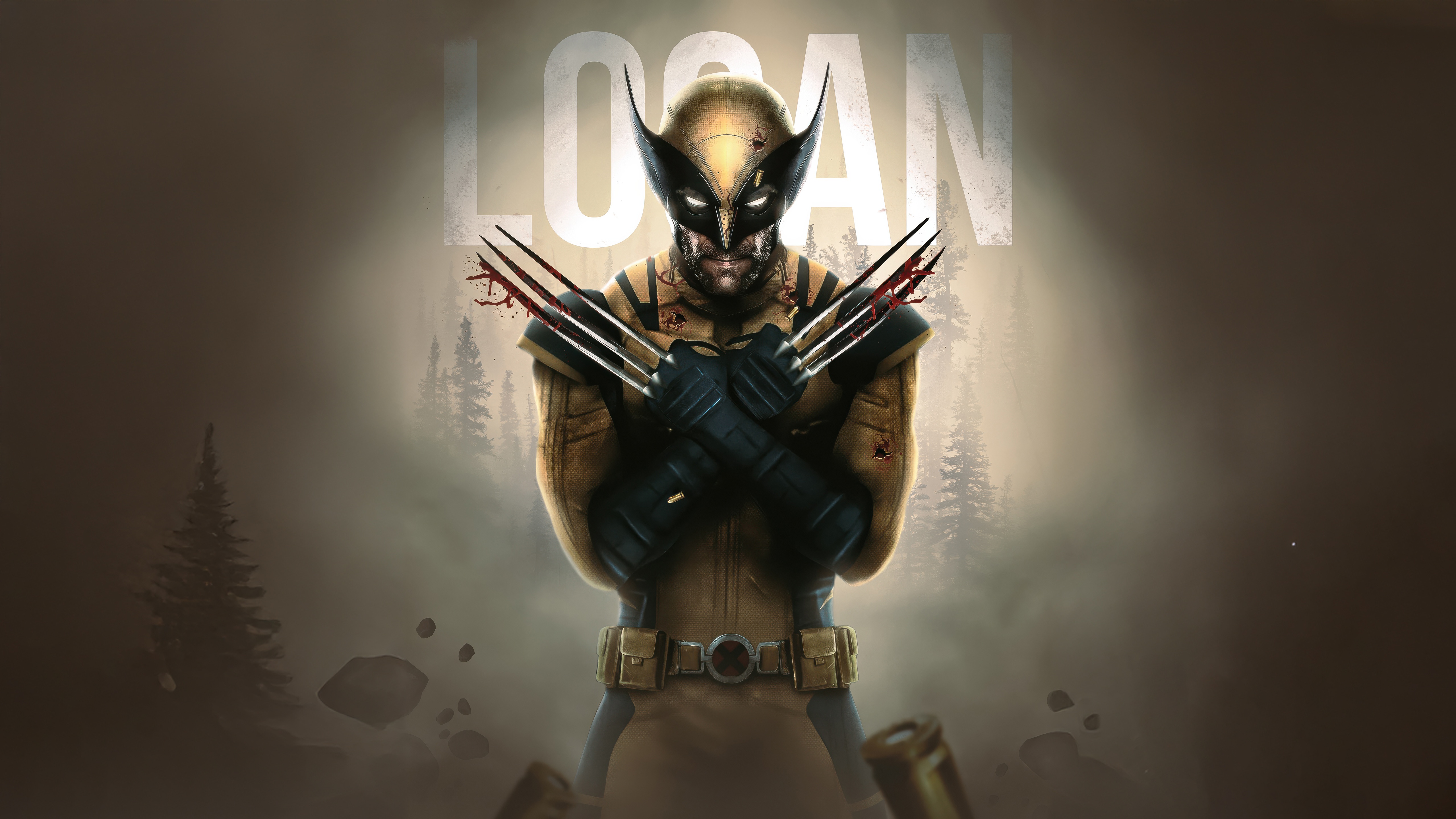 Logan with bloody claws in a forest HD Wallpaper