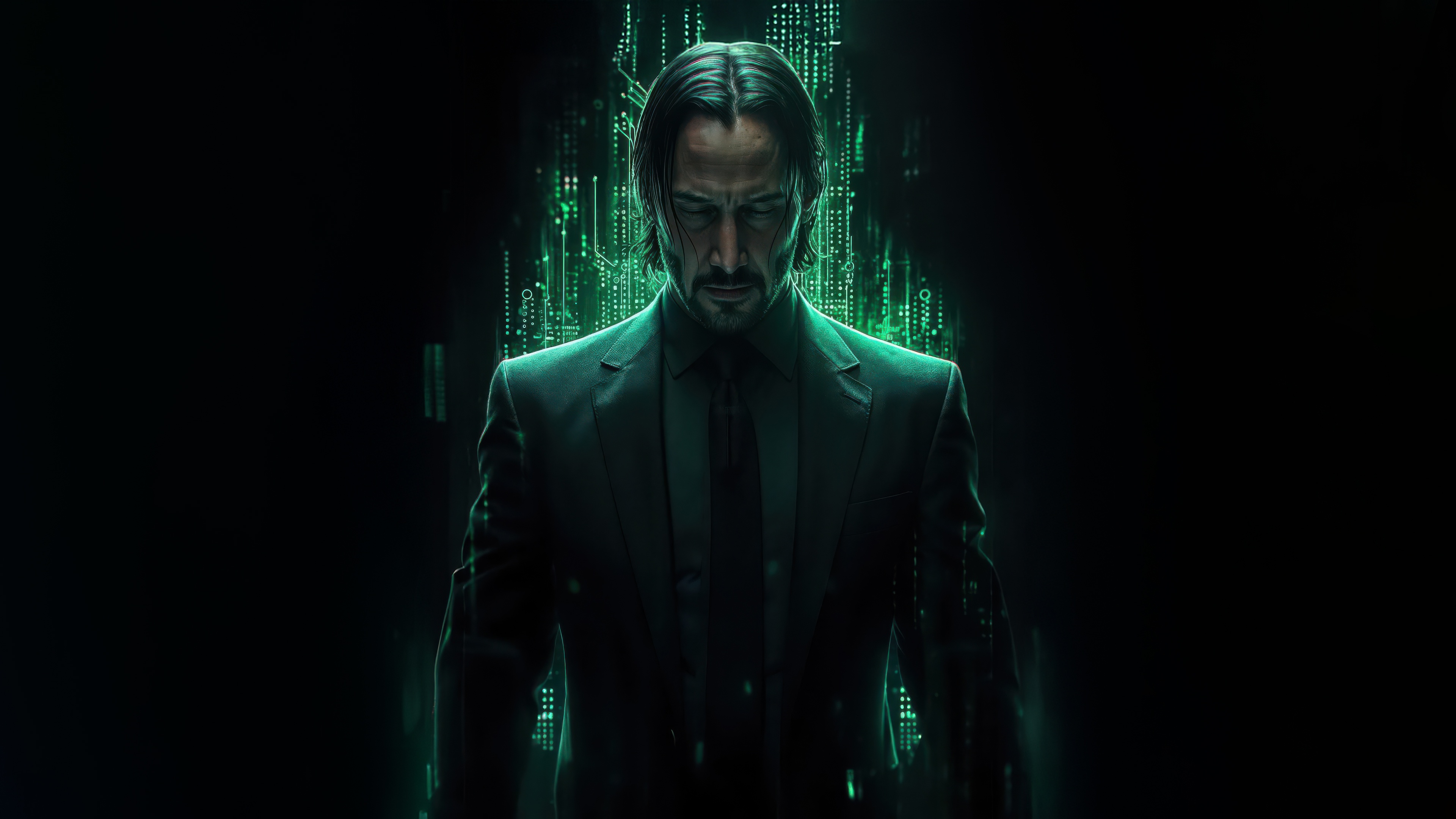 John Wick in a green digital matrix HD Wallpaper