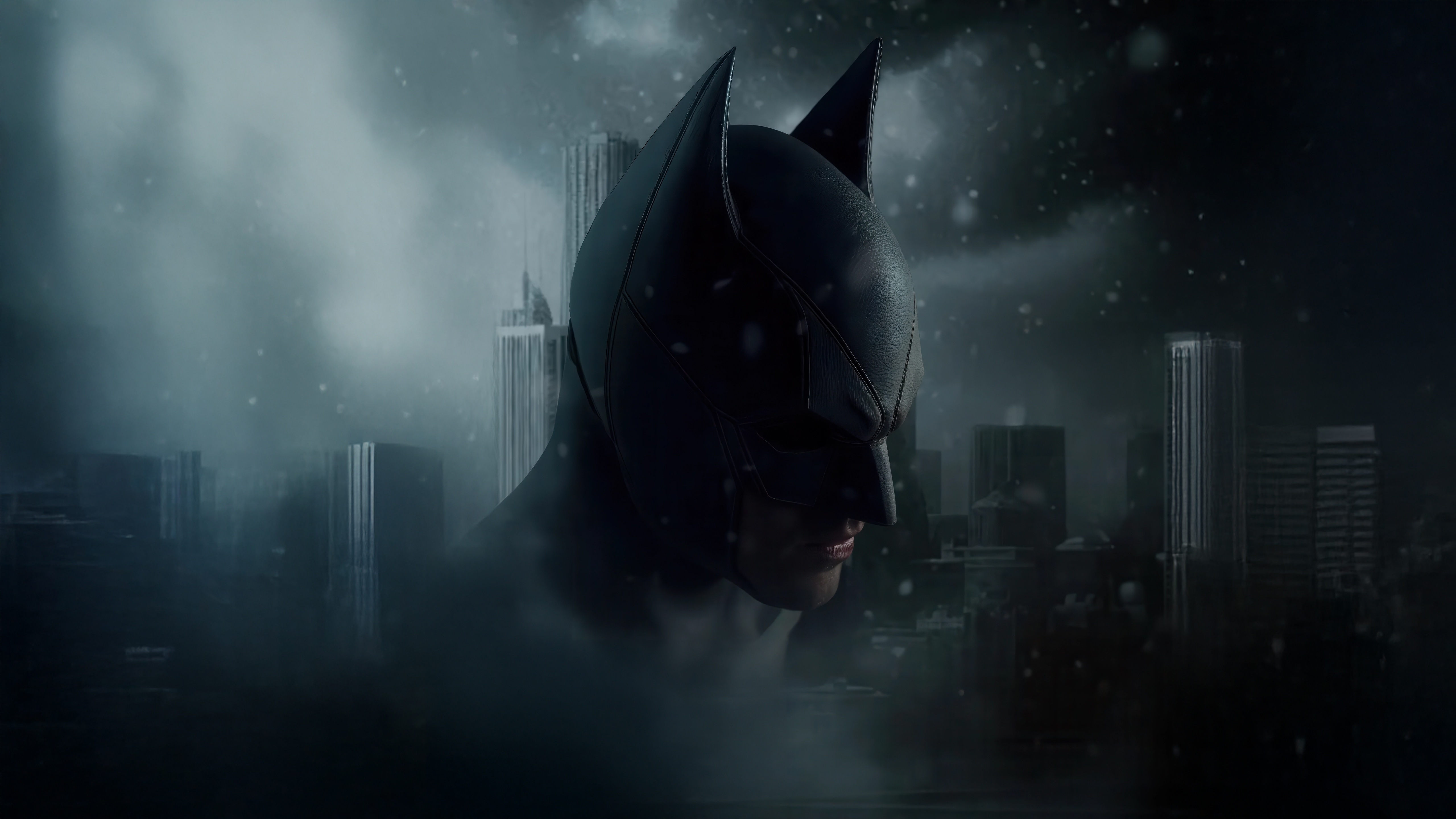 Batman in a snowy city at night HD Wallpaper
