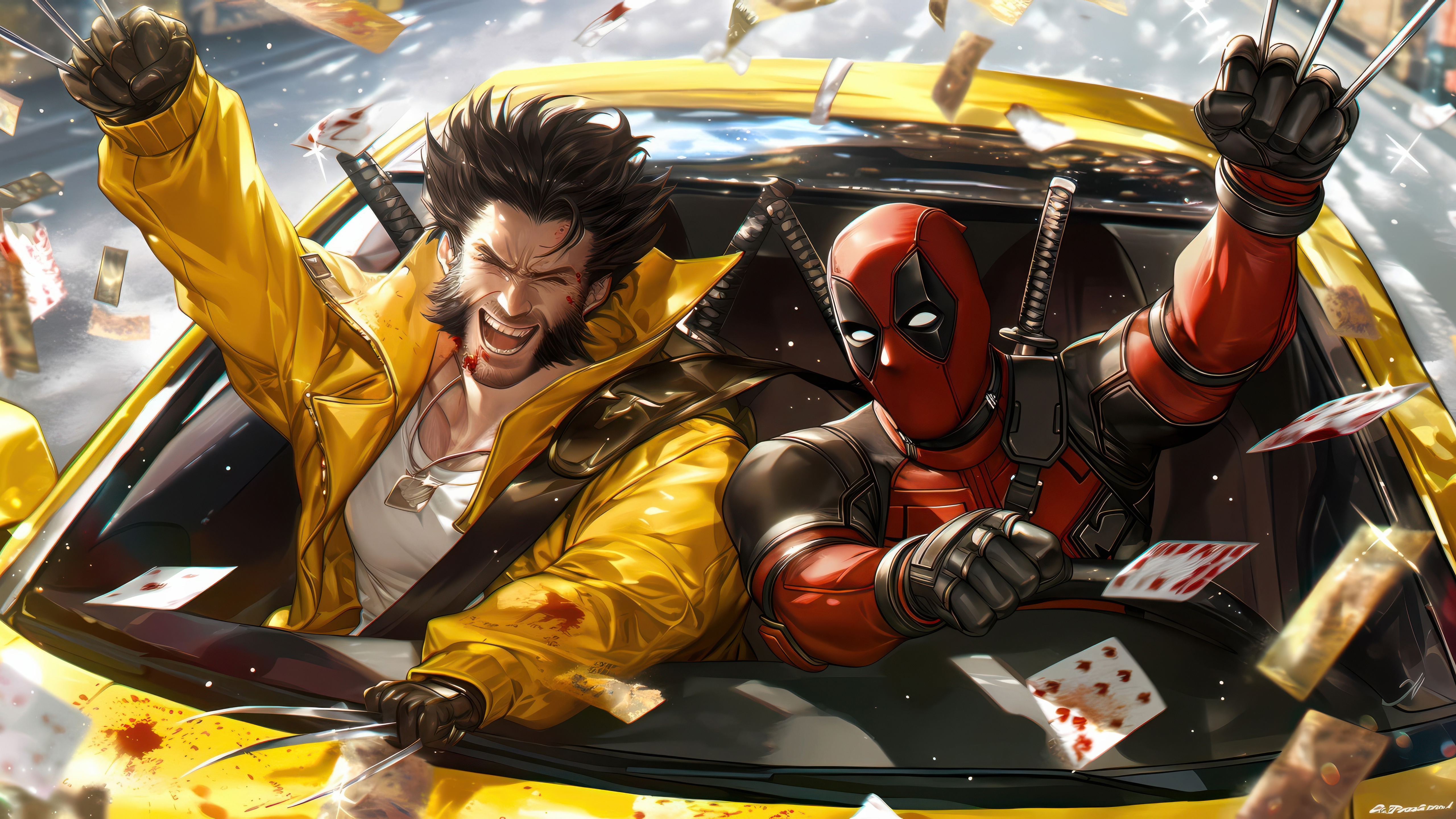 Deadpool and Wolverine in a yellow car HD Wallpaper