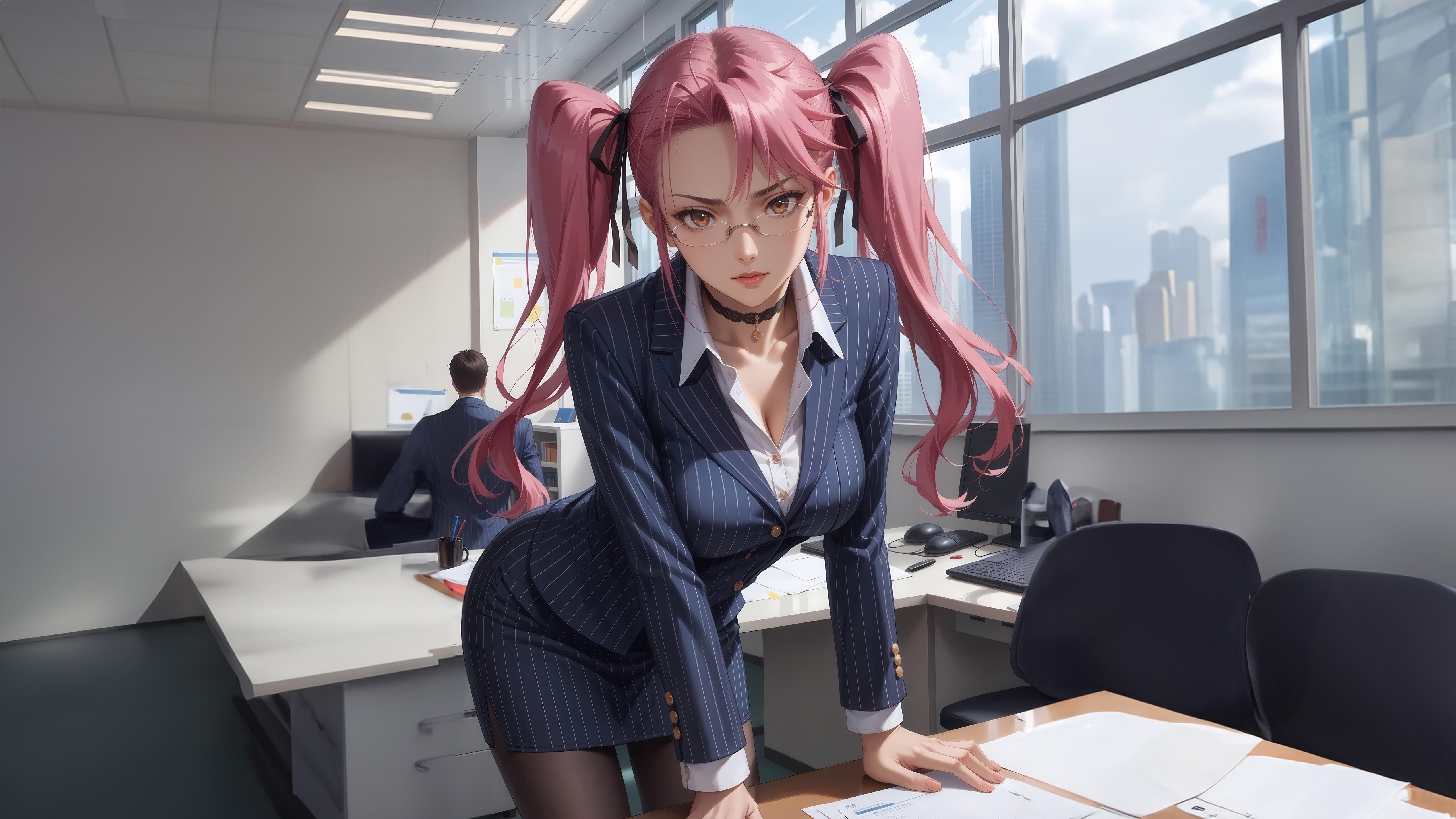 Anime woman in pinstripe suit in office HD Wallpaper