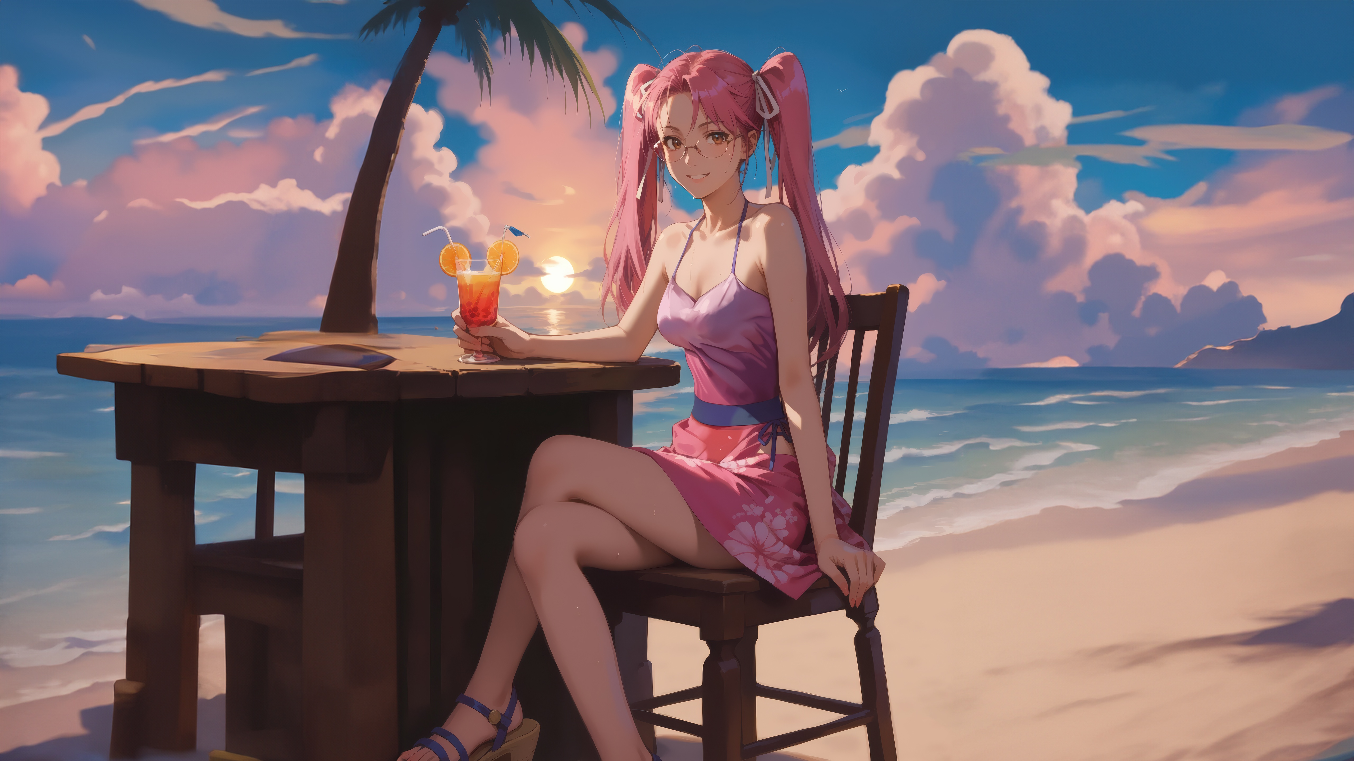 Anime girl with pink pigtails drinks cocktail on beach HD Wallpaper