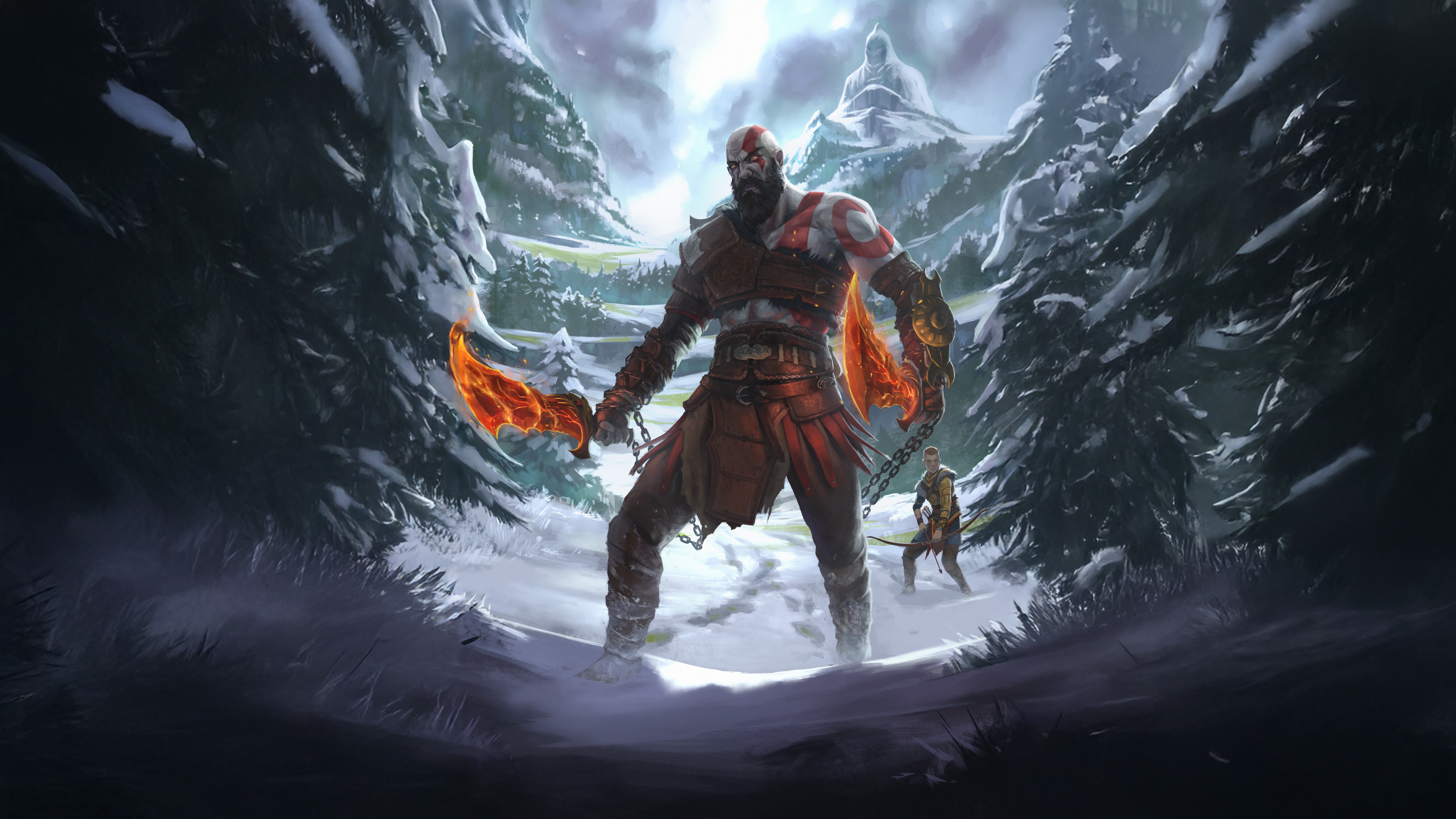 Kratos and Atreus in a snowy forest HD Wallpaper