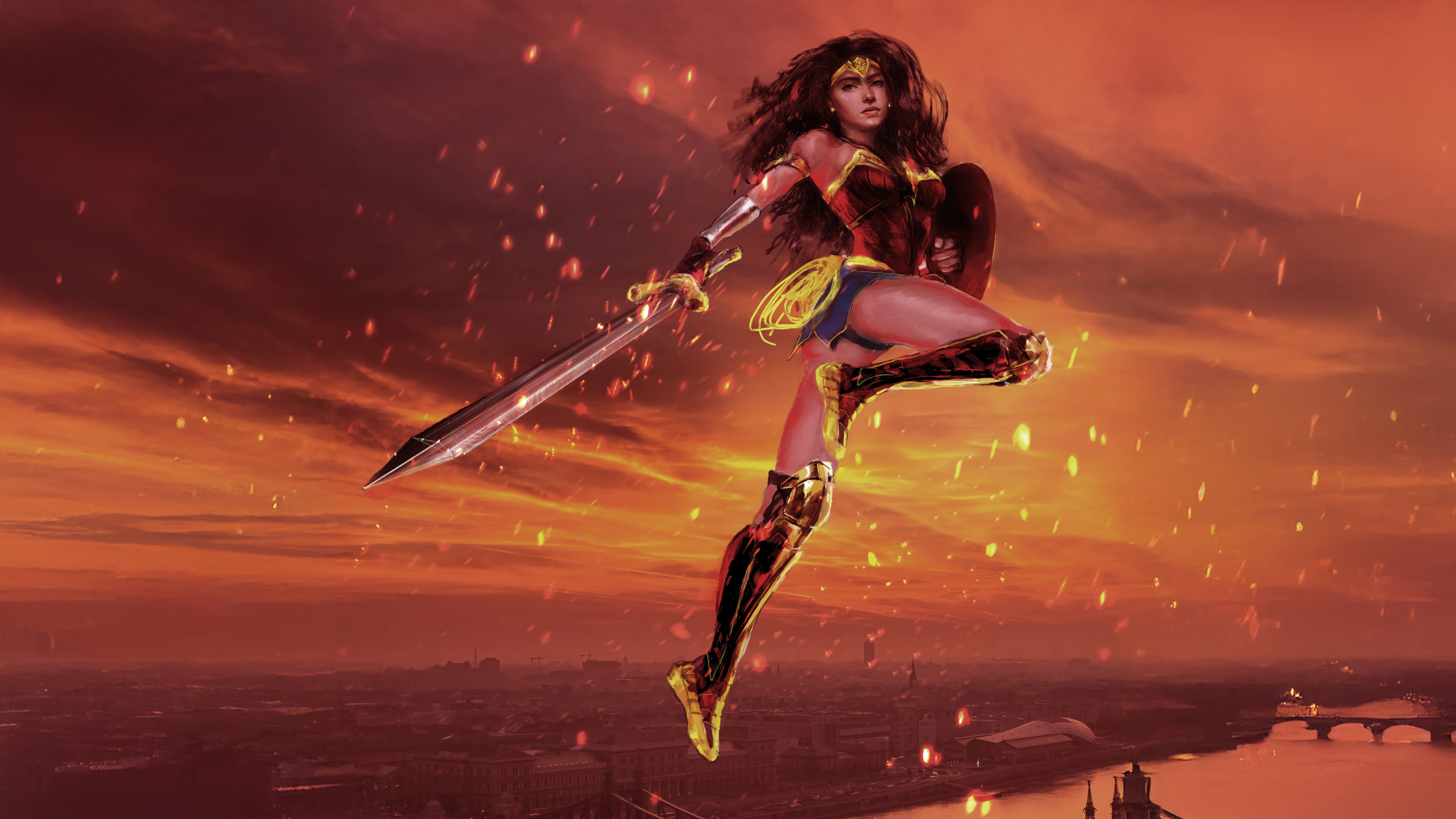 Wonder Woman in a dynamic pose with sword and shield HD Wallpaper