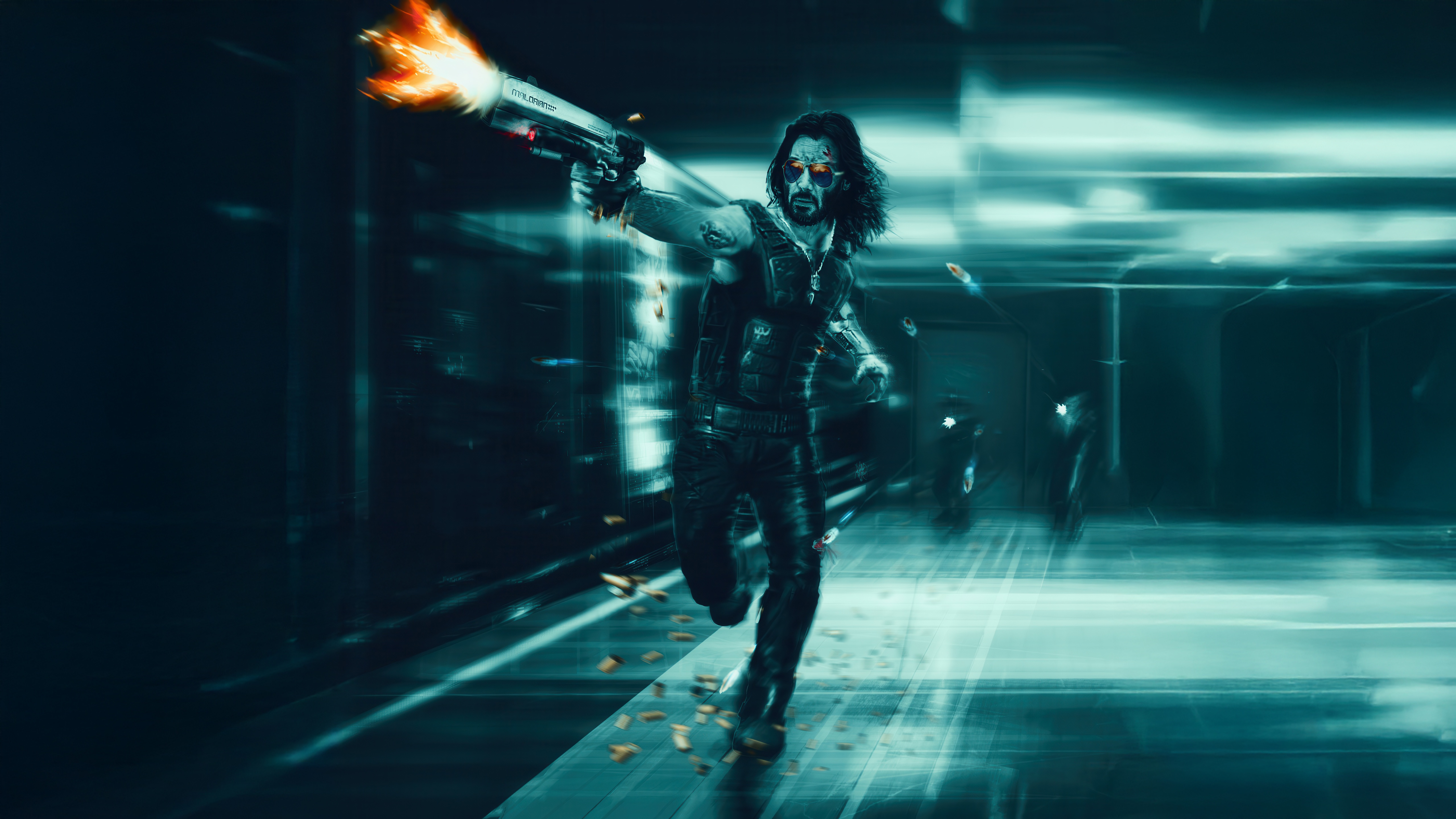 Johnny Silverhand firing a gun in a futuristic city HD Wallpaper