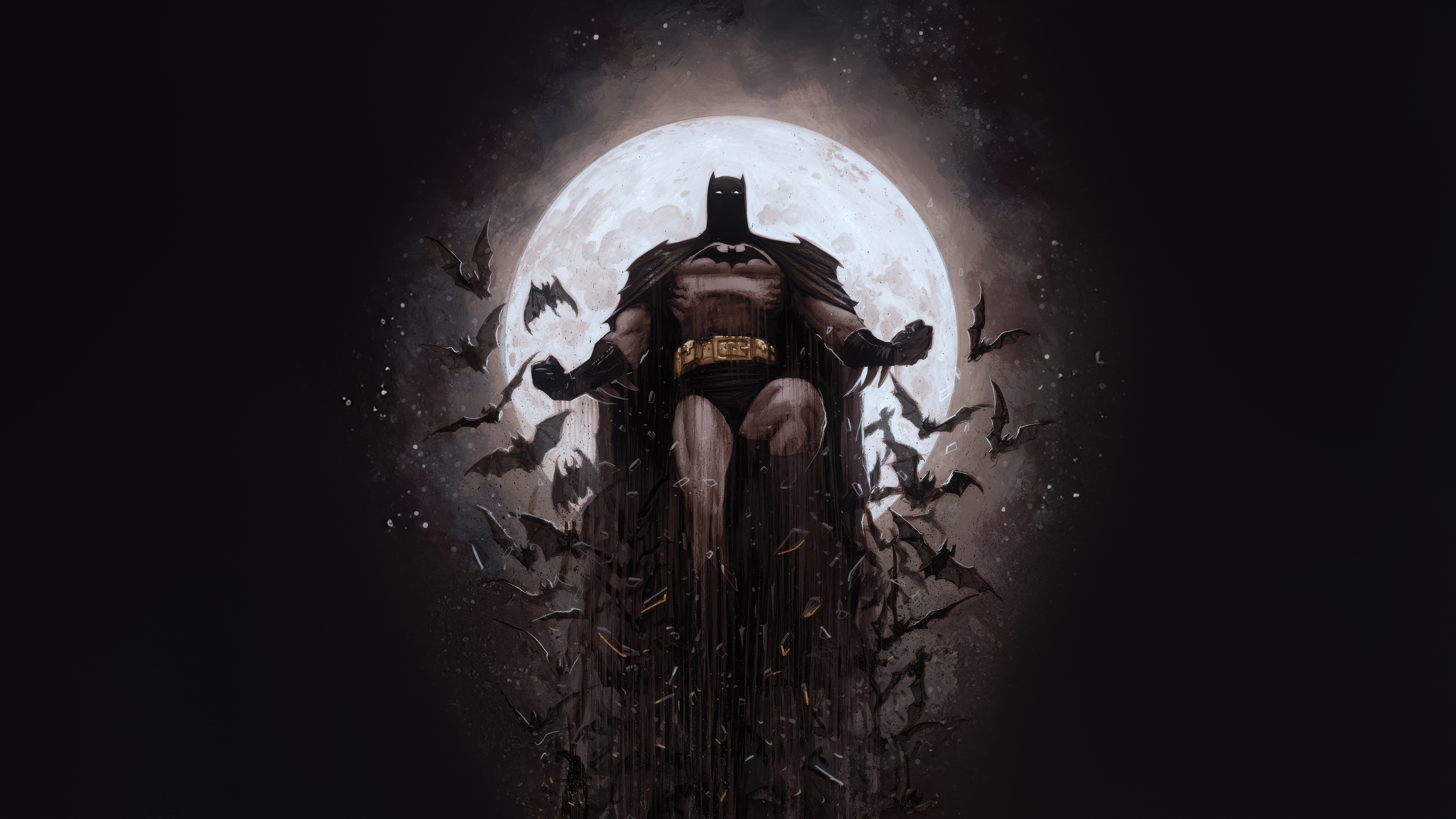 Batman surrounded by bats in front of a full moon HD Wallpaper