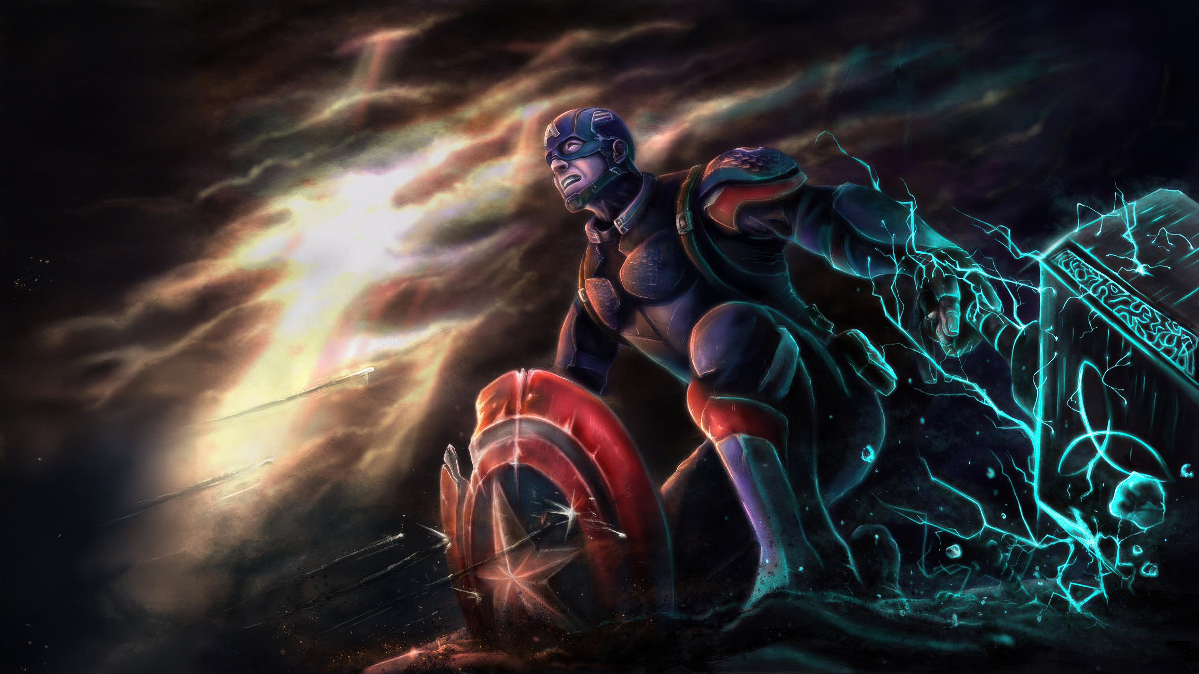 Captain America with Mjolnir and Shield HD Wallpaper