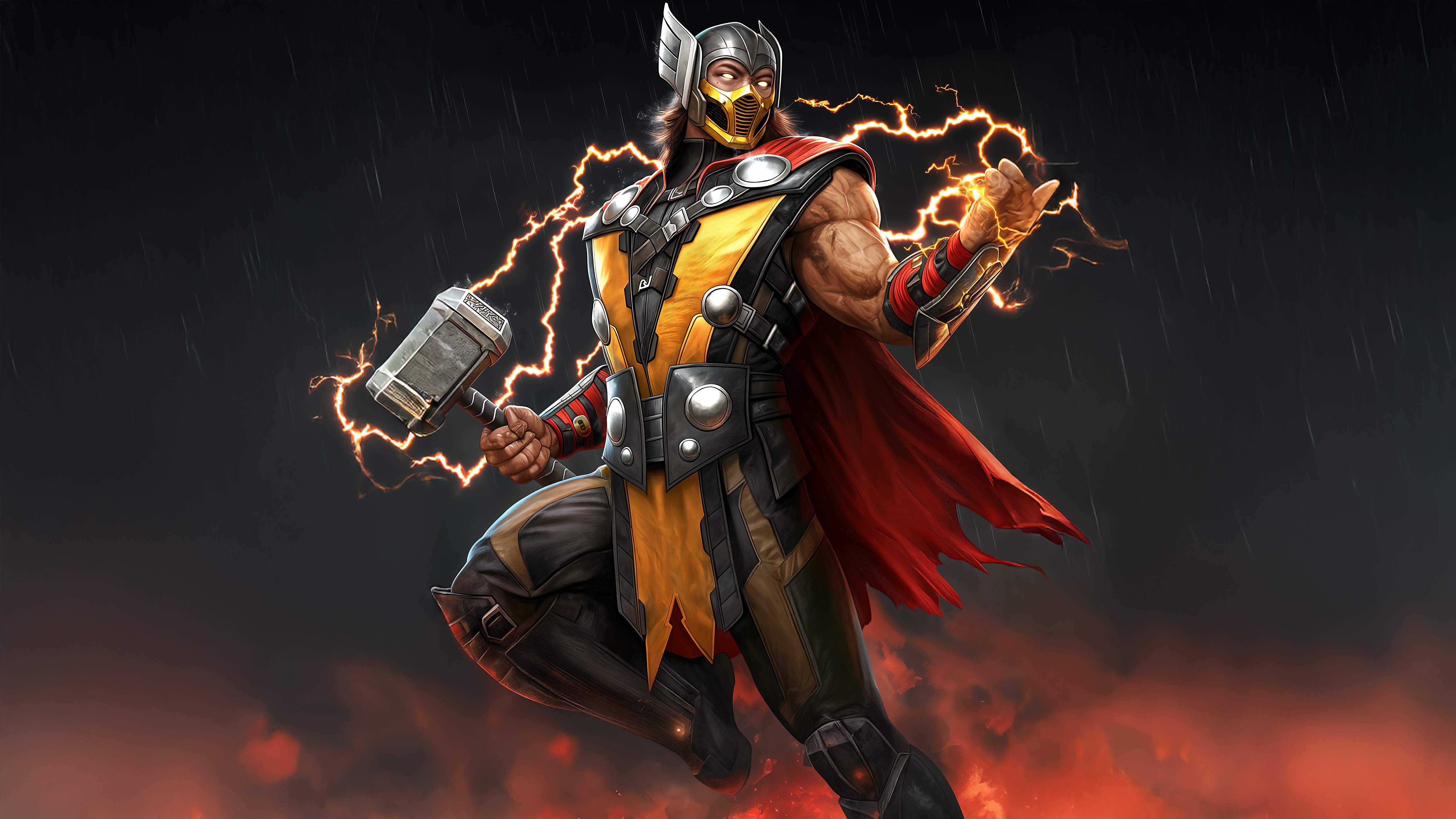 Scorpion as Thor with Mjolnir and Lightning HD Wallpaper