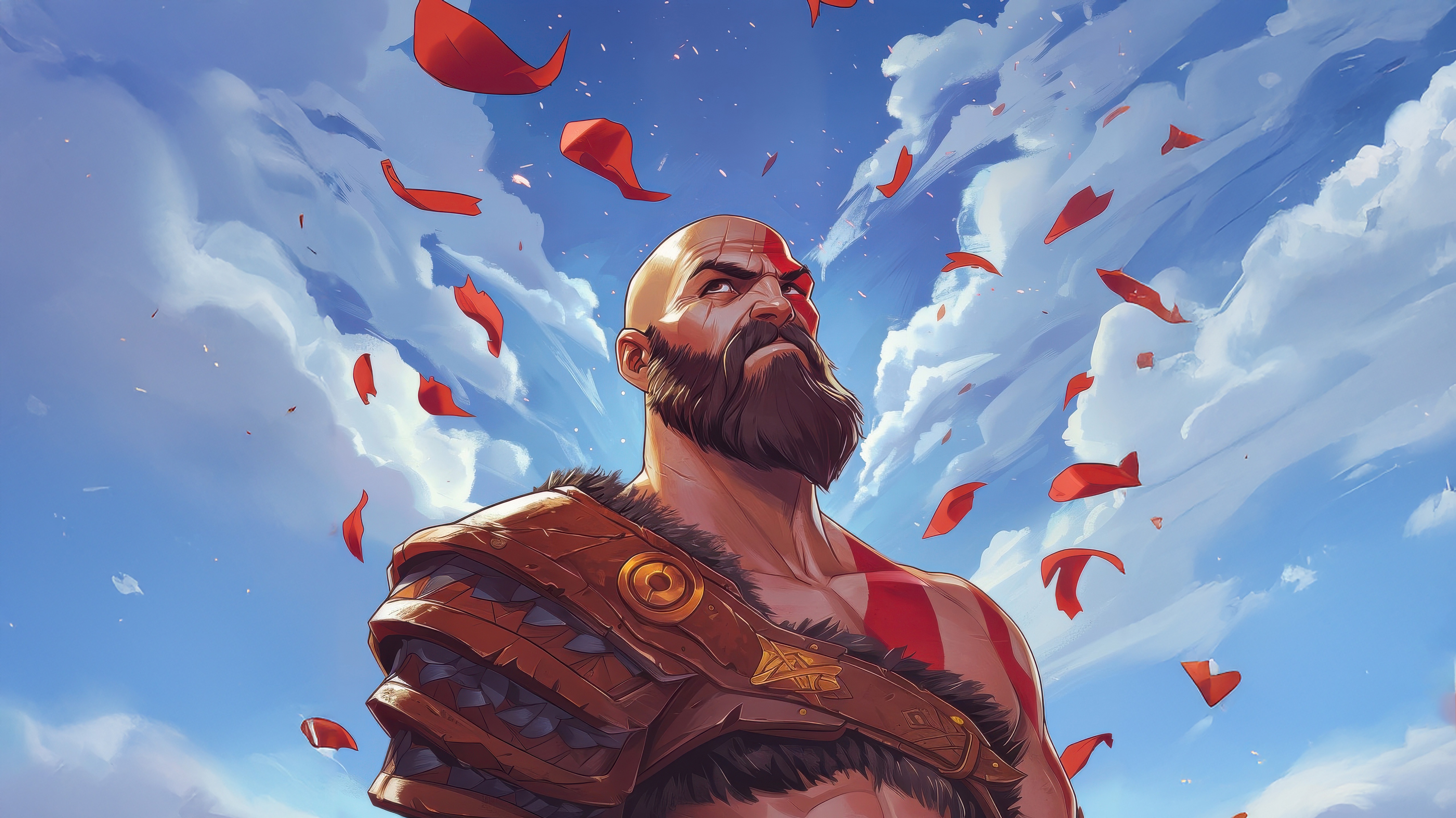 Kratos with red markings and armor in the sky HD Wallpaper