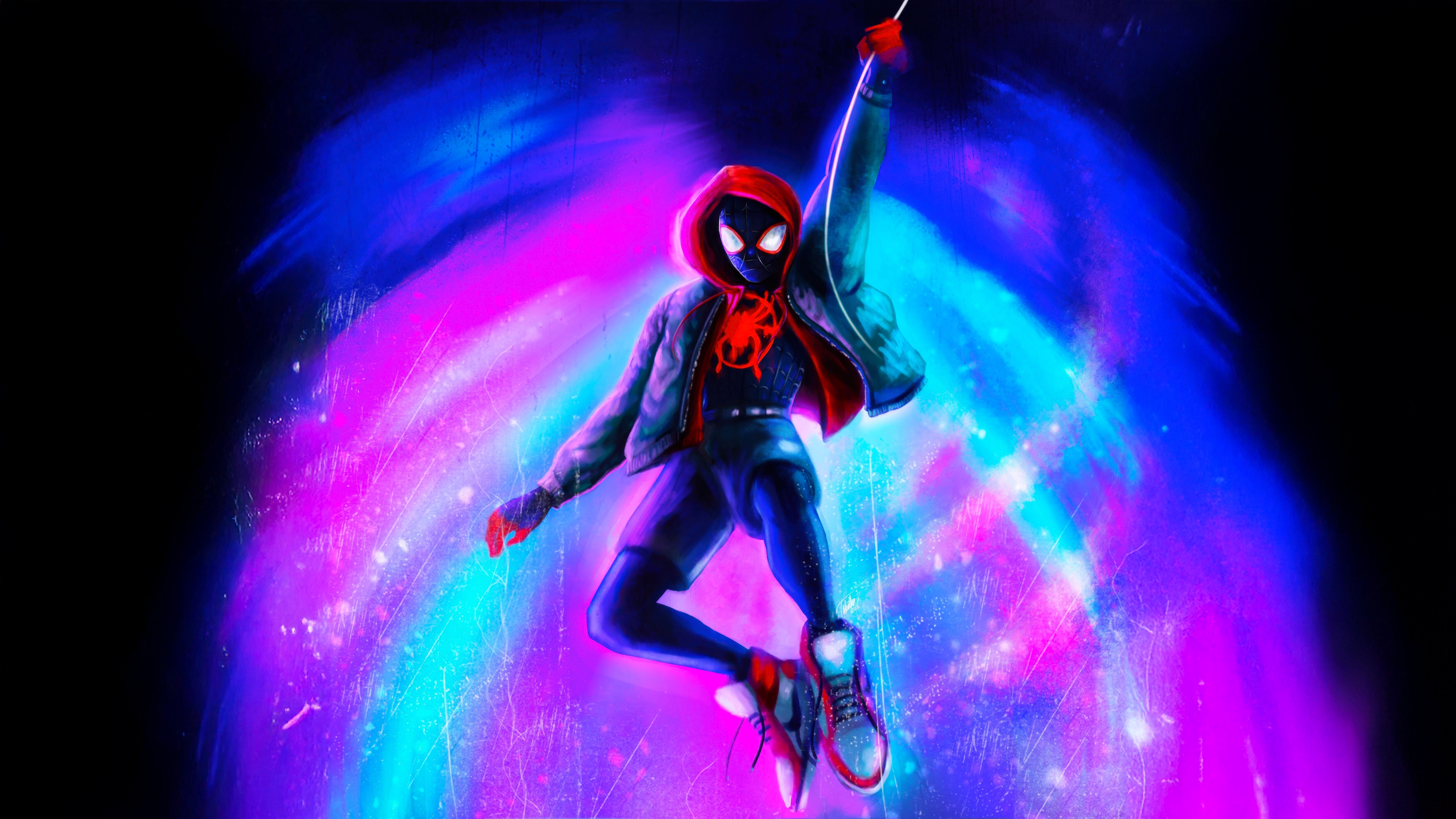 Miles Morales Swinging Through a Colorful Portal HD Wallpaper