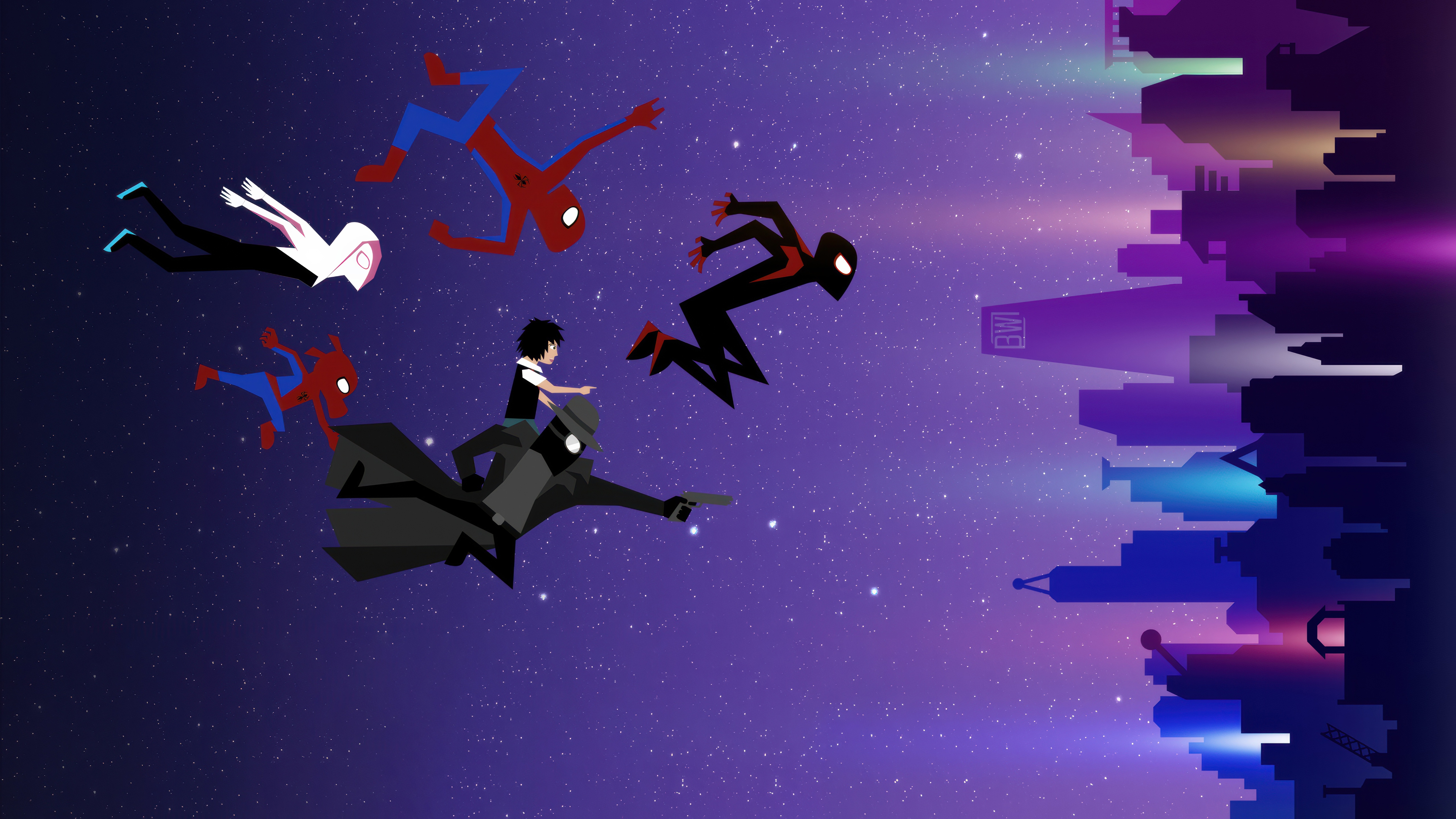Spider-Verse characters flying towards a futuristic city HD Wallpaper