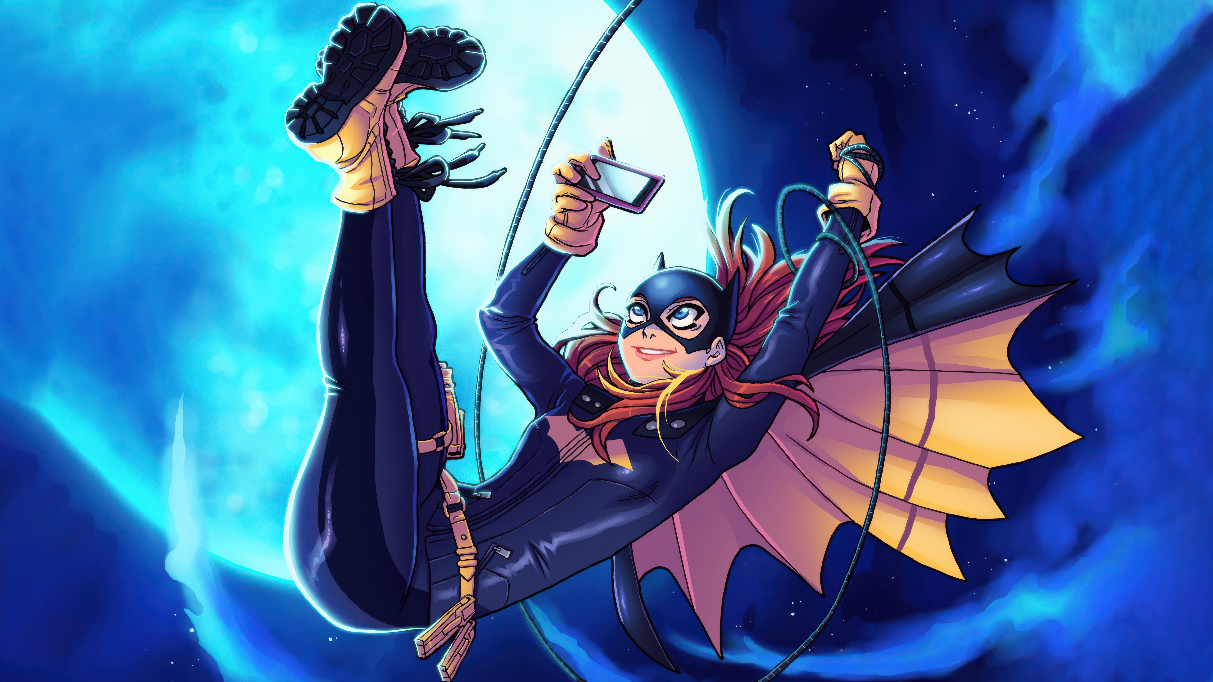 Batgirl taking a selfie while hanging upside down HD Wallpaper