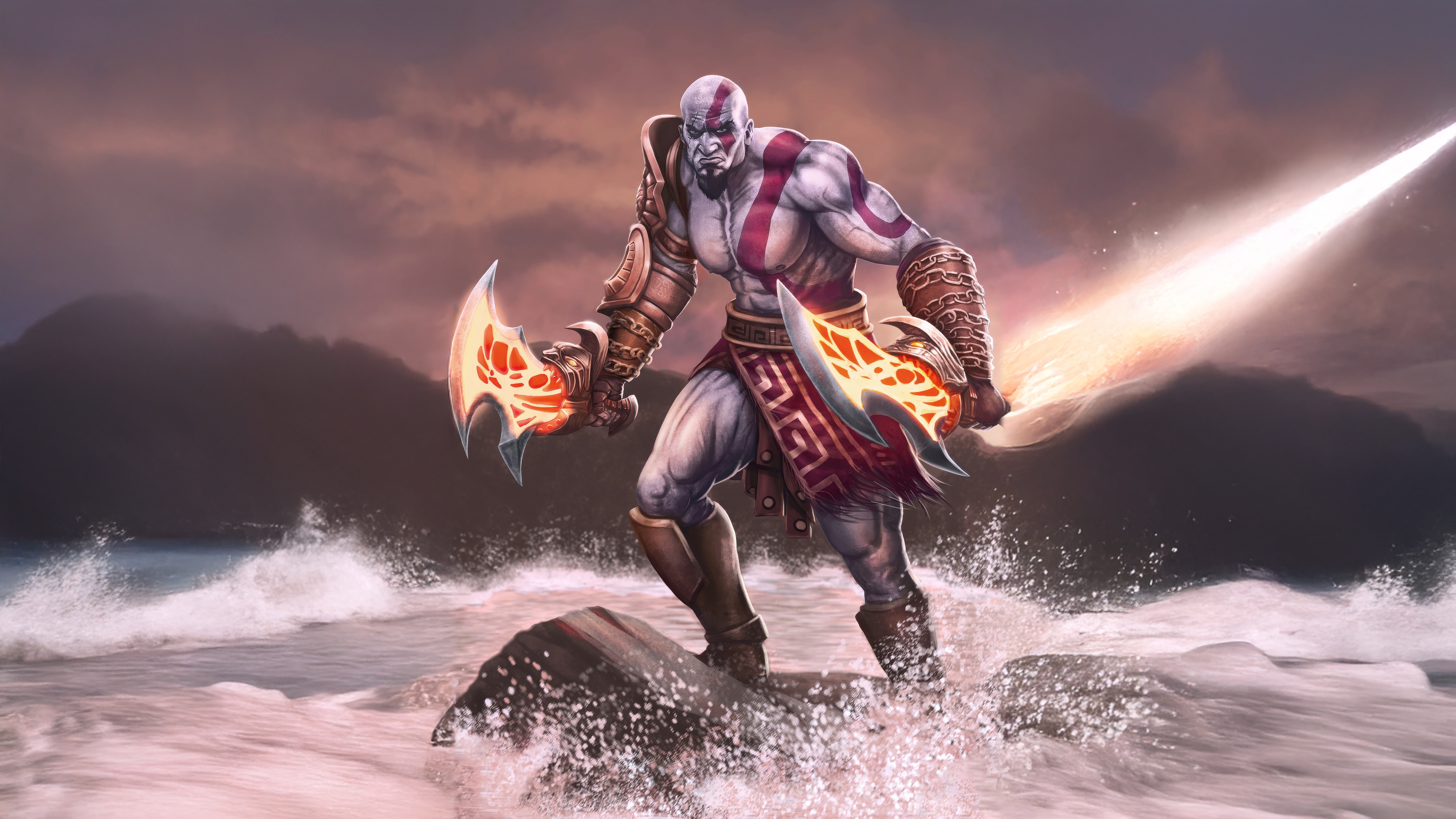 Kratos with Blades of Chaos on a beach HD Wallpaper