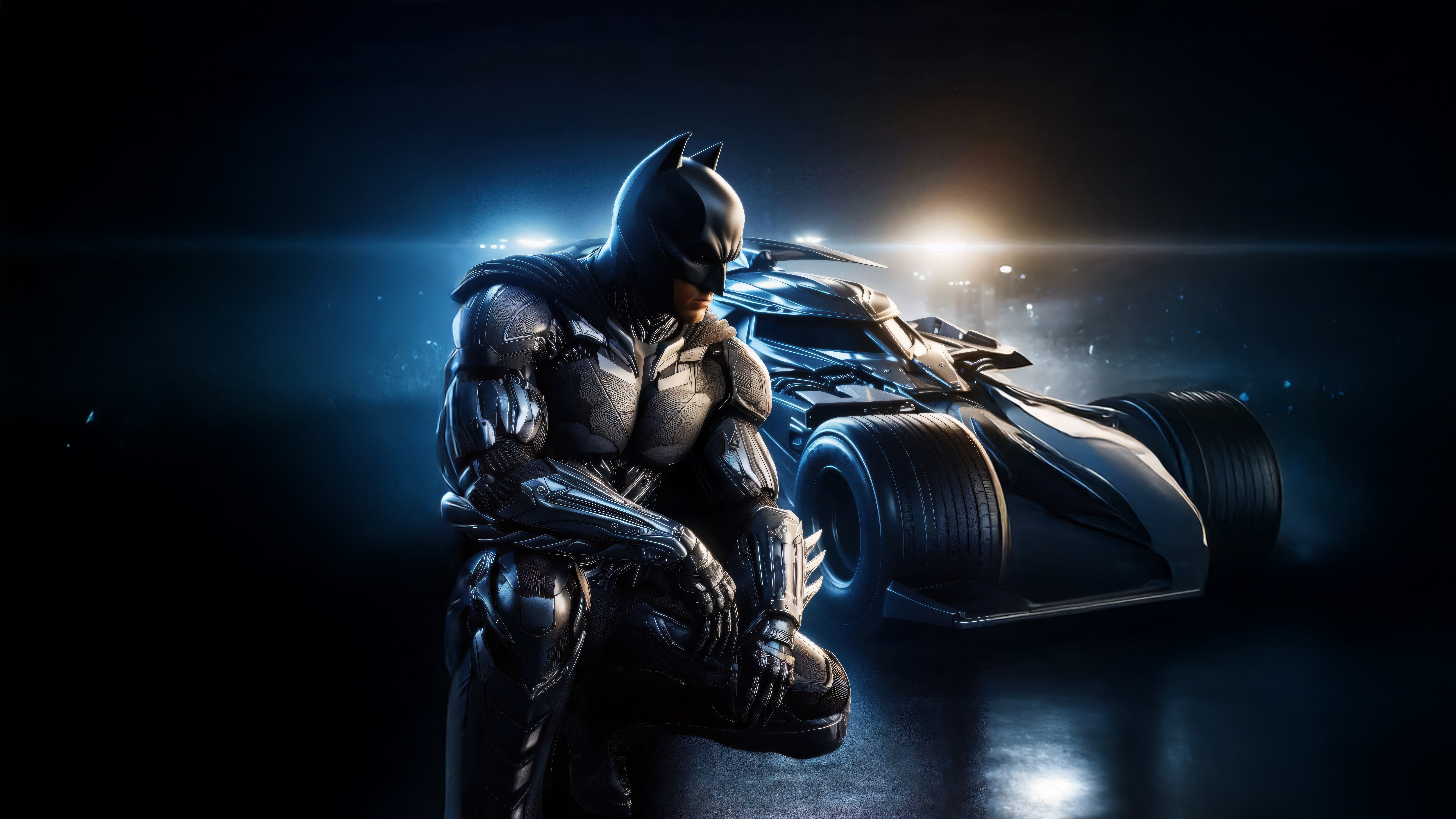 Batman and Batmobile in a dark setting HD Wallpaper