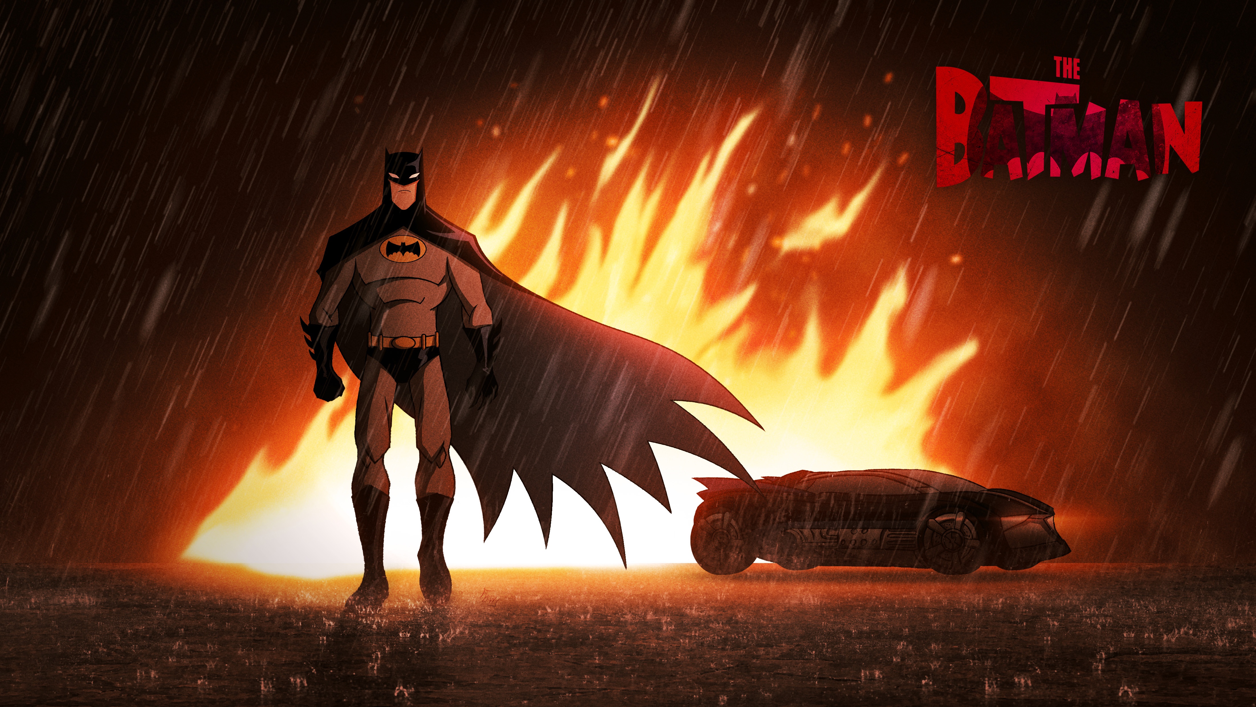 The Batman and Batmobile in Fire HD Wallpaper