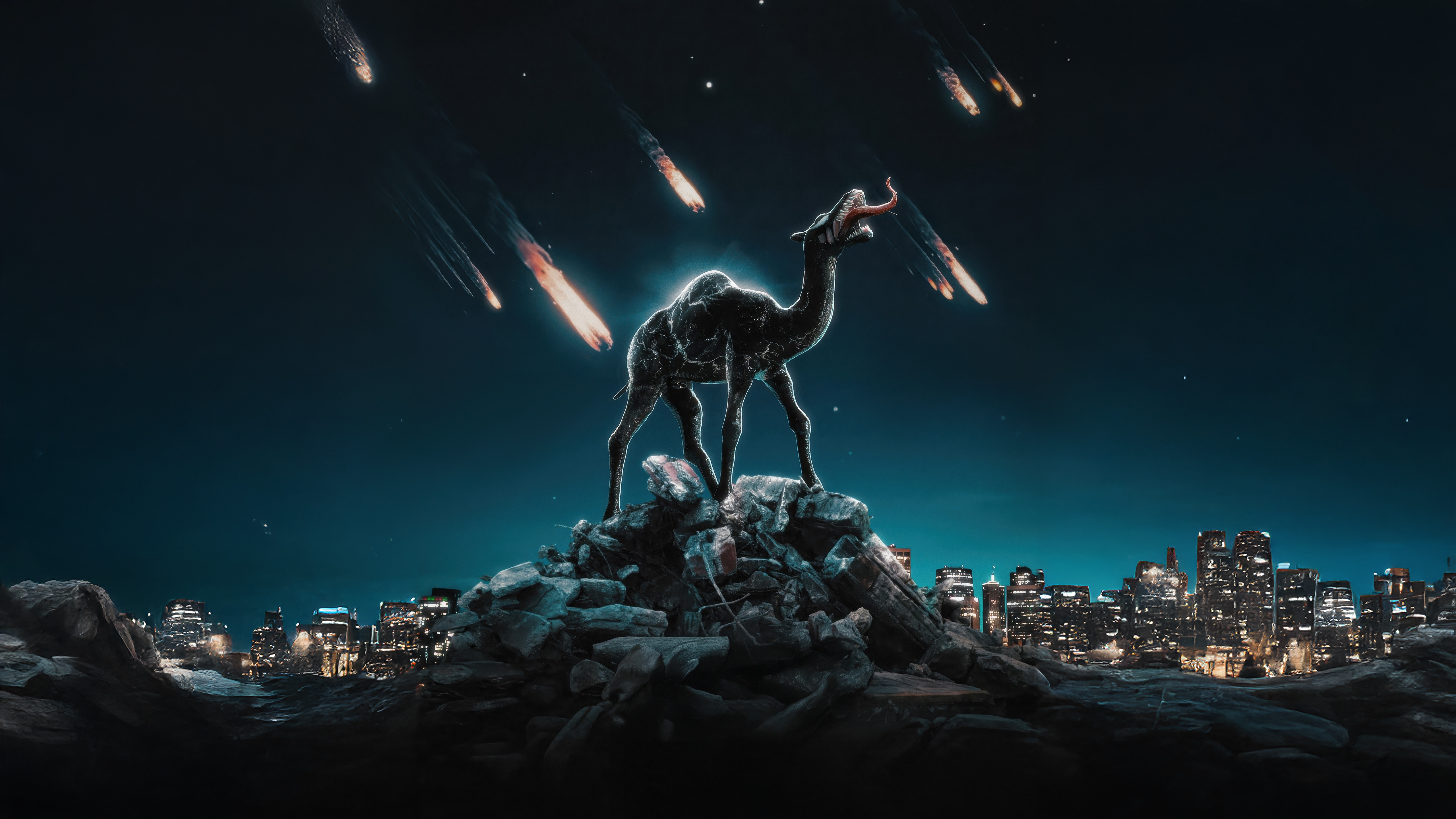 A camel stands on rocks with meteors falling HD Wallpaper