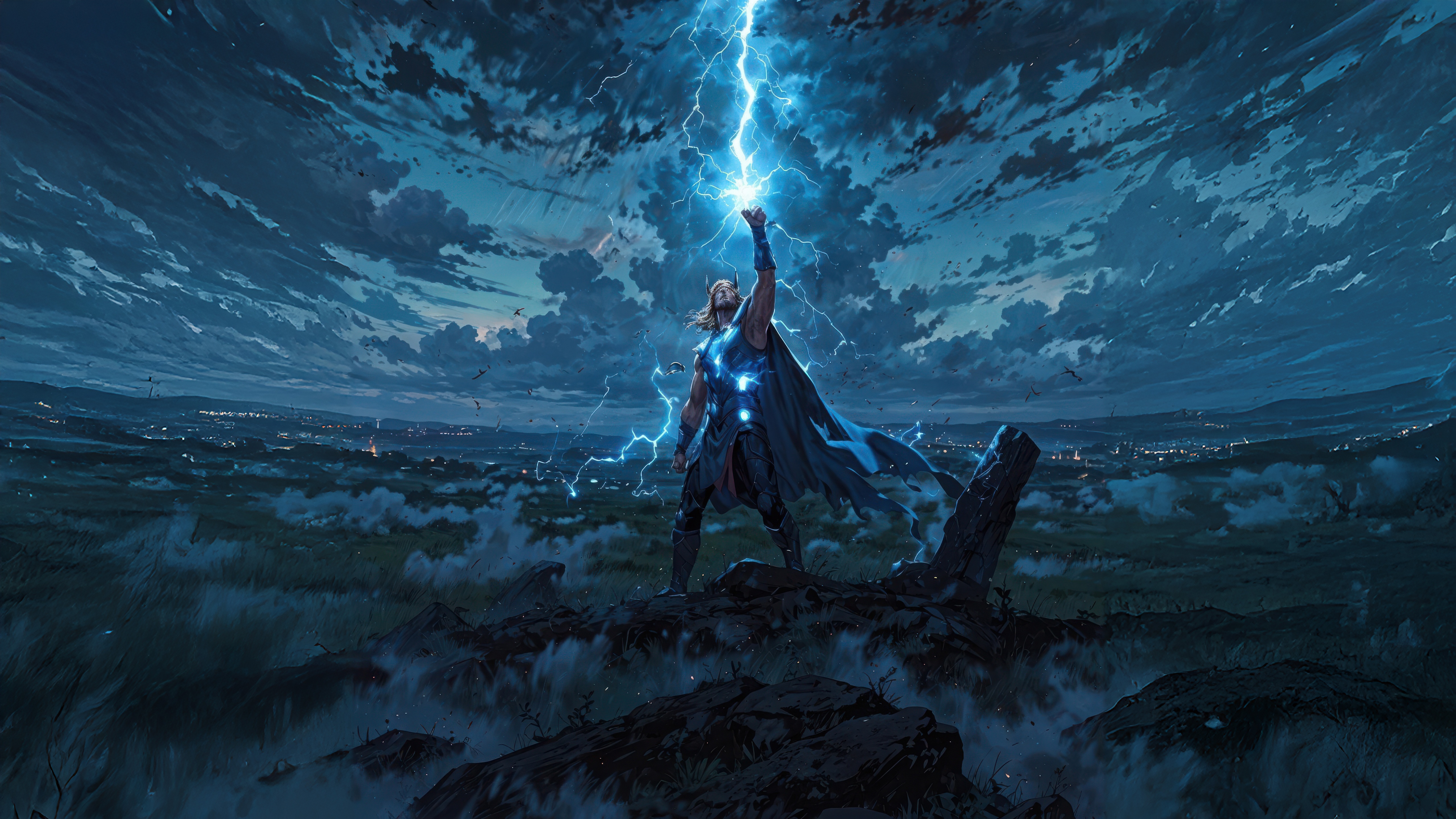 Thor summons lightning over a city at night HD Wallpaper