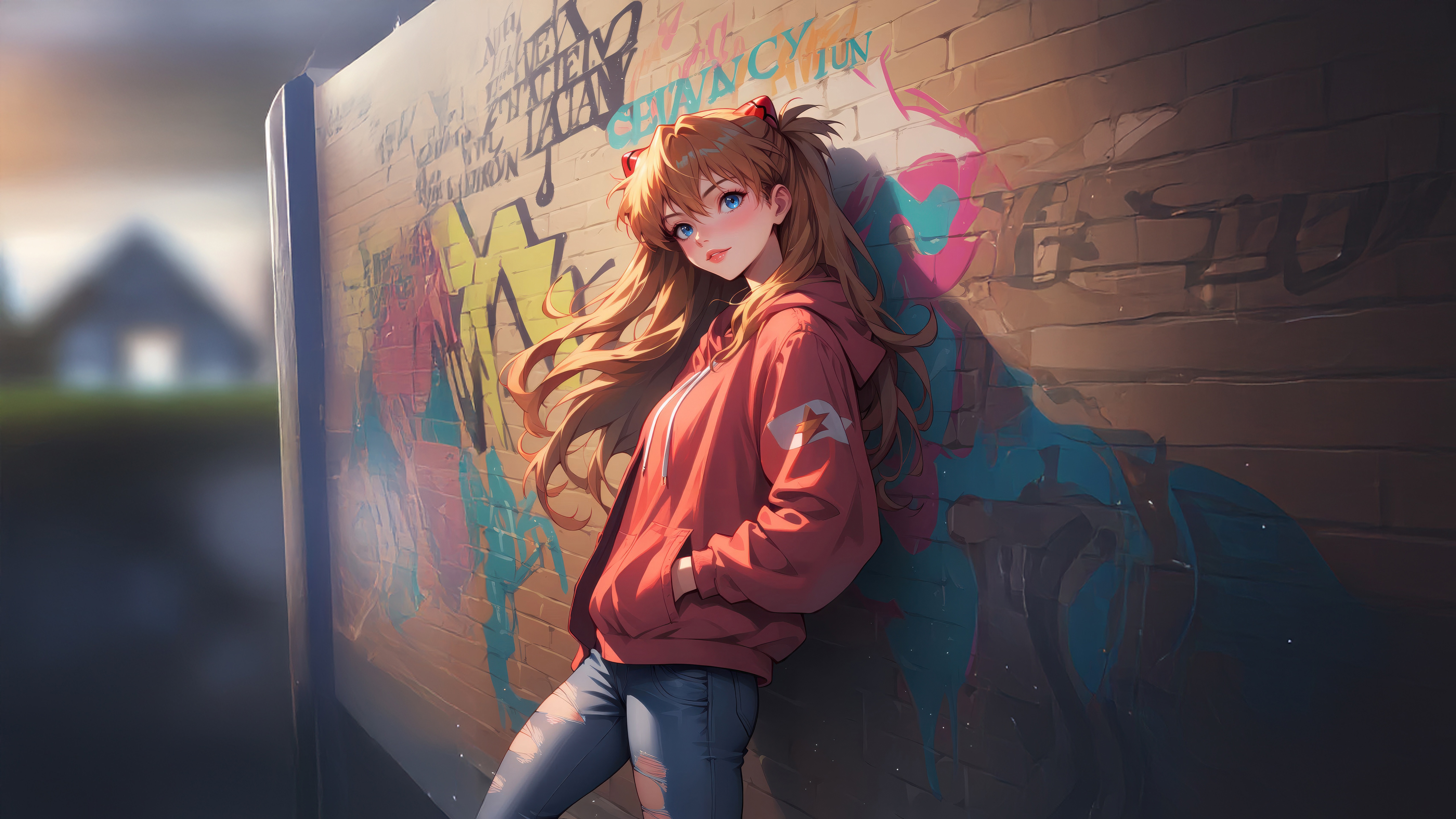 Asuka Langley Soryu leaning against a graffiti wall HD Wallpaper