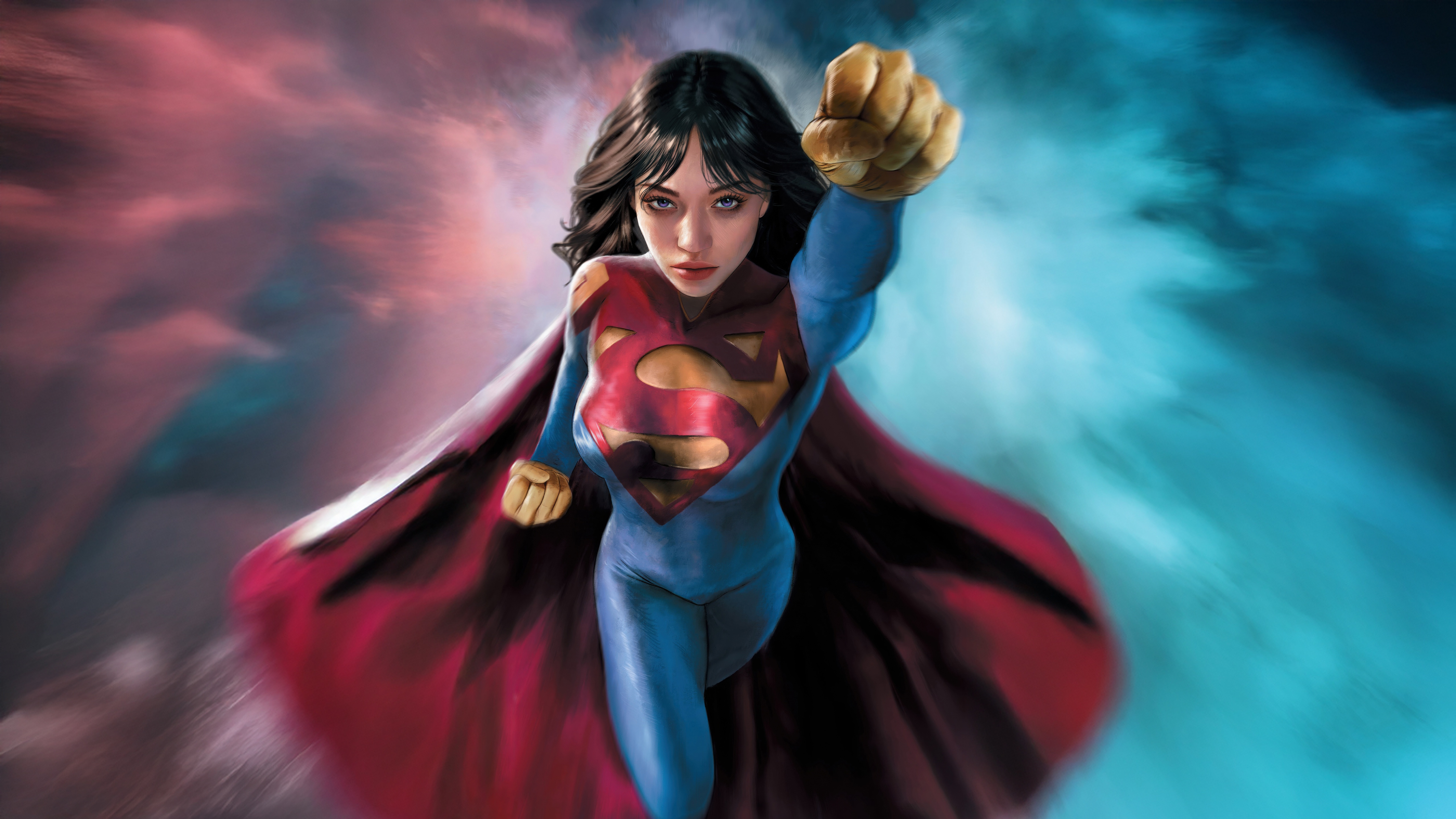 Supergirl in flight with red and blue cape HD Wallpaper
