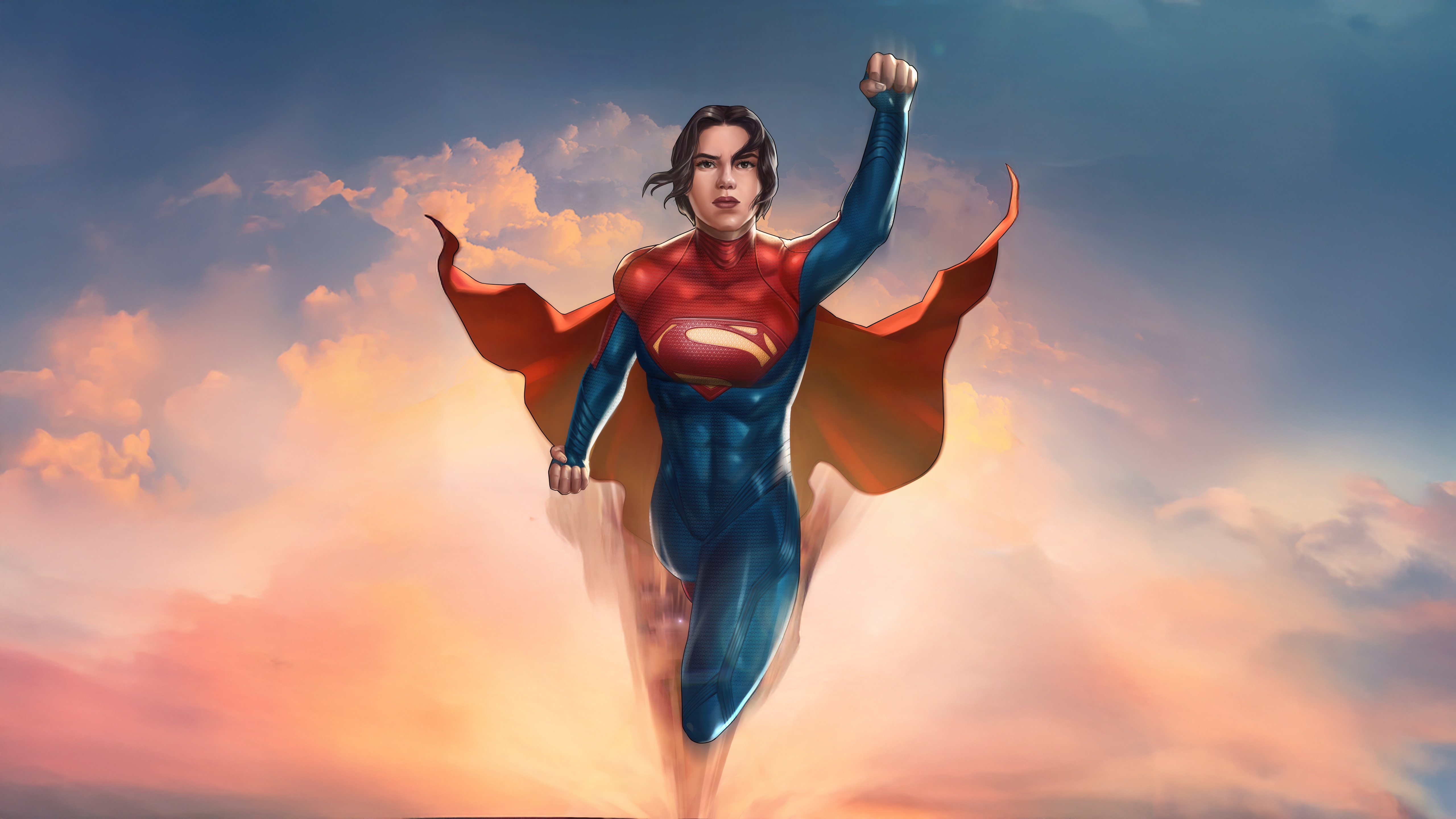 Supergirl flying through the sky at sunset HD Wallpaper
