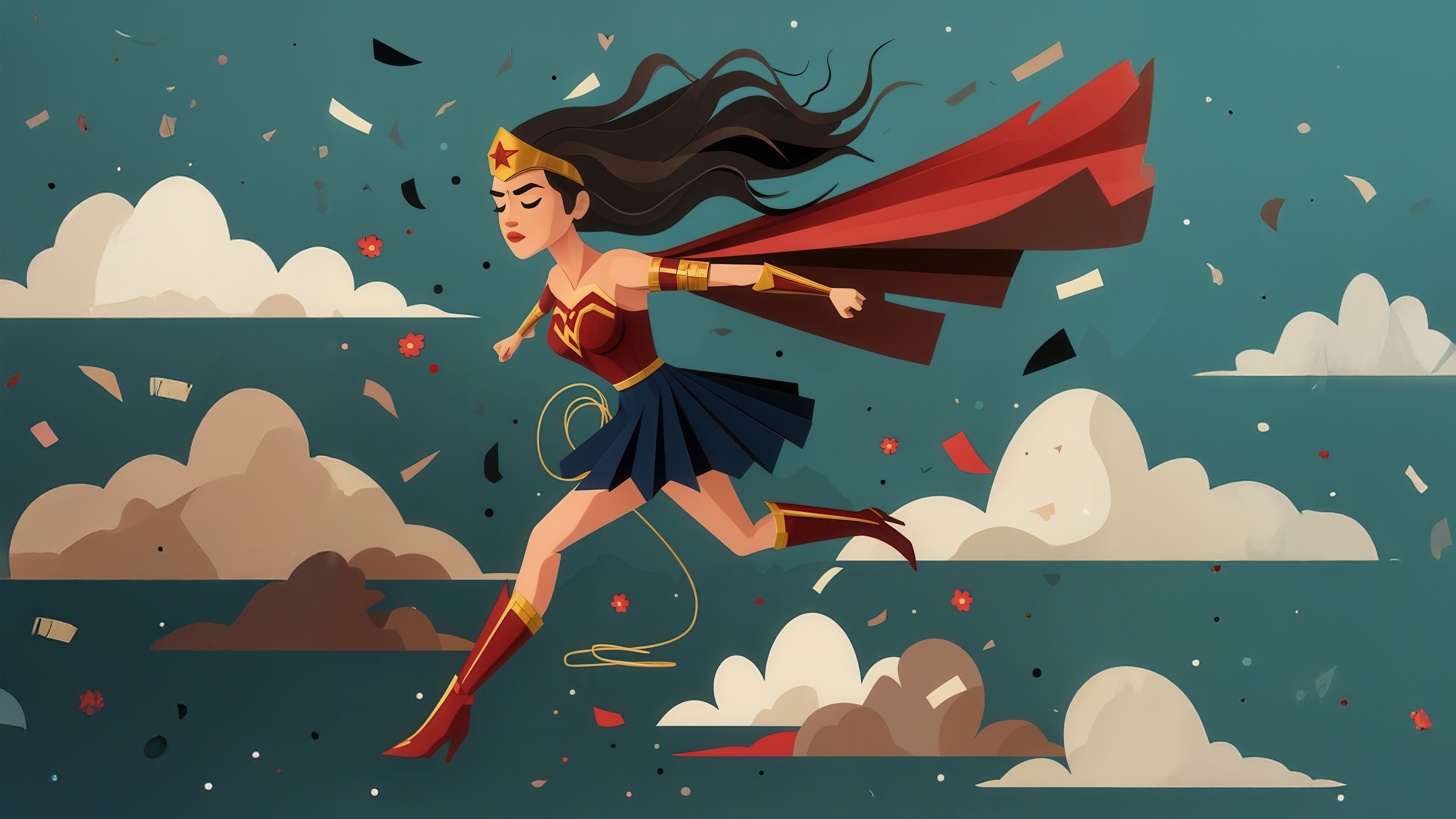 Wonder Woman Running Through Clouds with Confetti HD Wallpaper