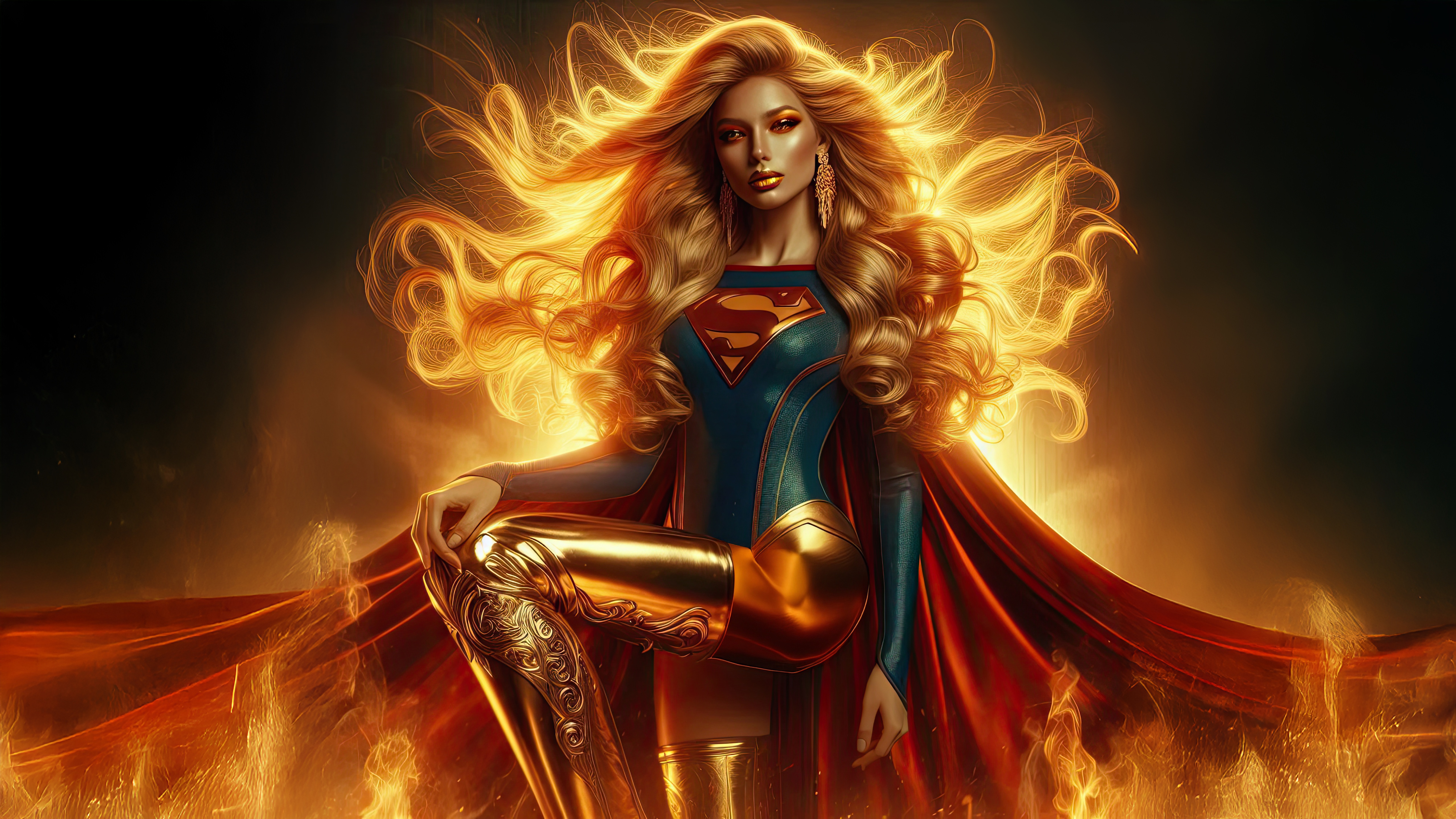 Supergirl in a golden suit with fiery hair HD Wallpaper