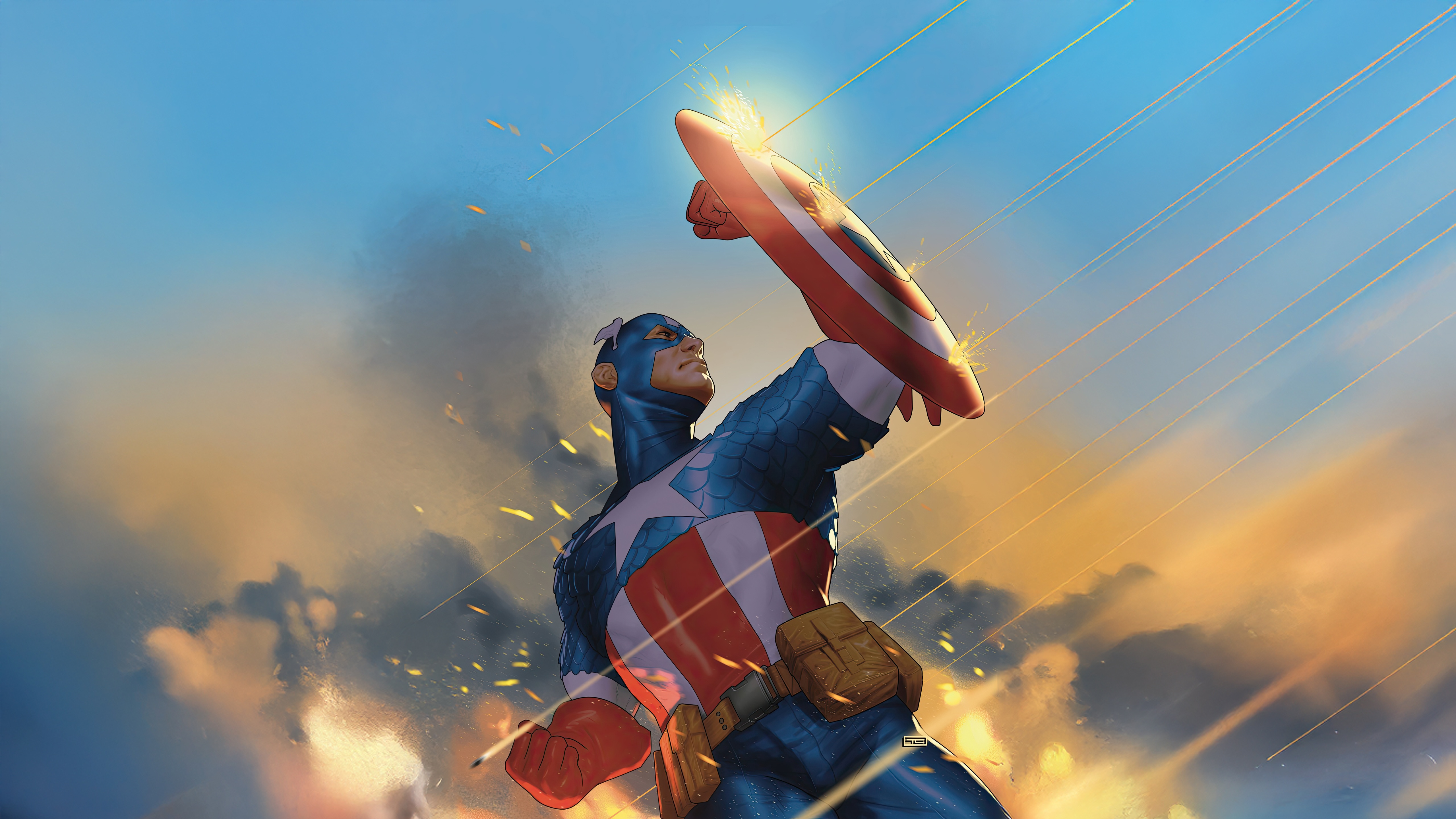 Captain America Holds Shield Against Sky HD Wallpaper