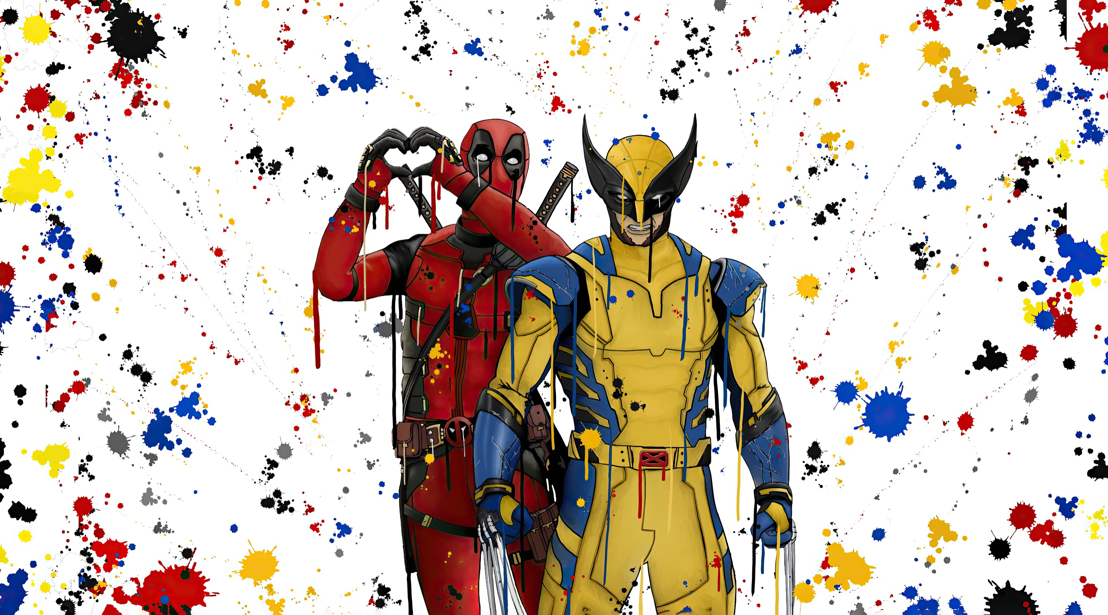 Deadpool and Wolverine with paint splatters HD Wallpaper