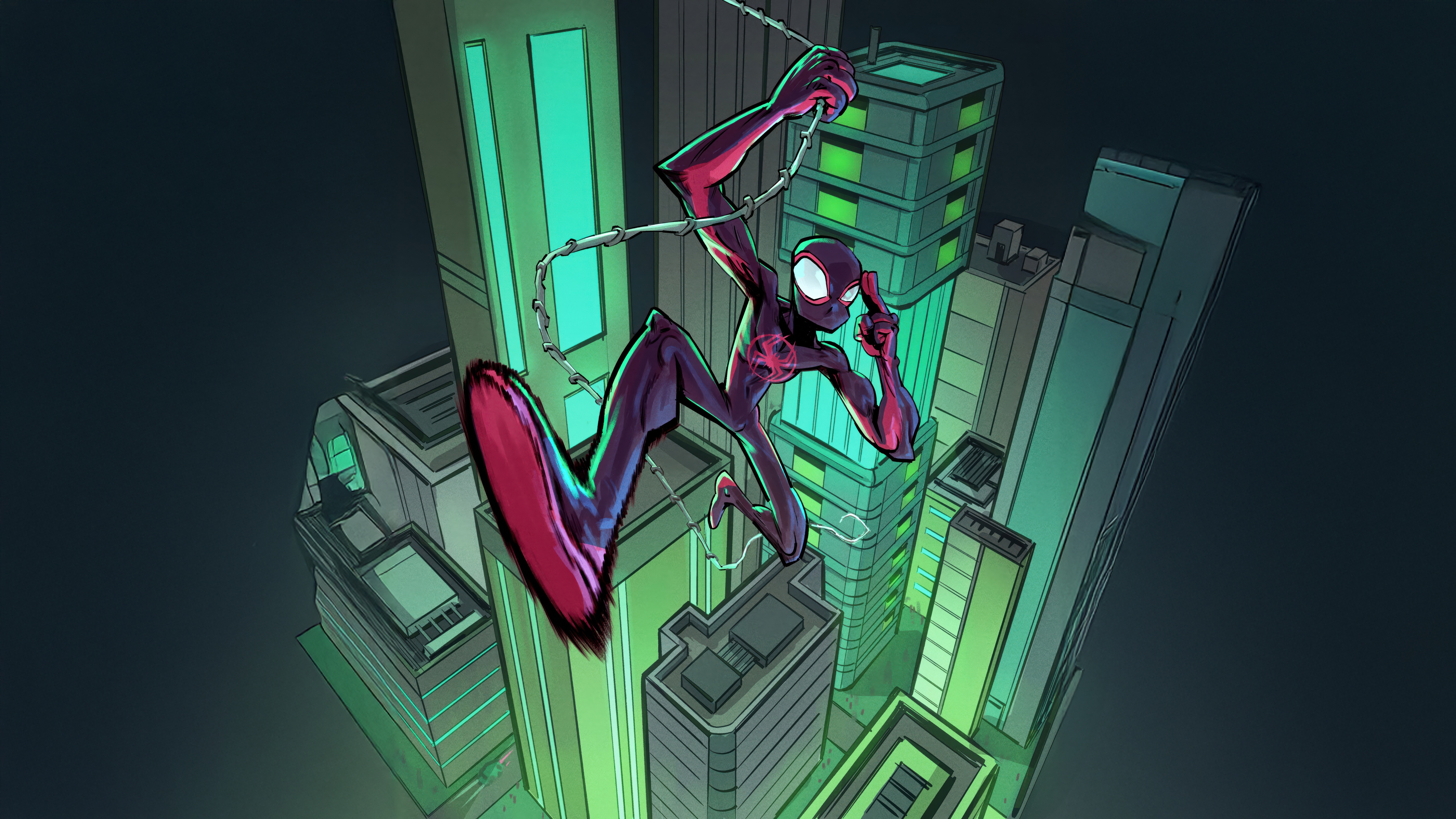 Miles Morales Swinging Through a Neon City HD Wallpaper