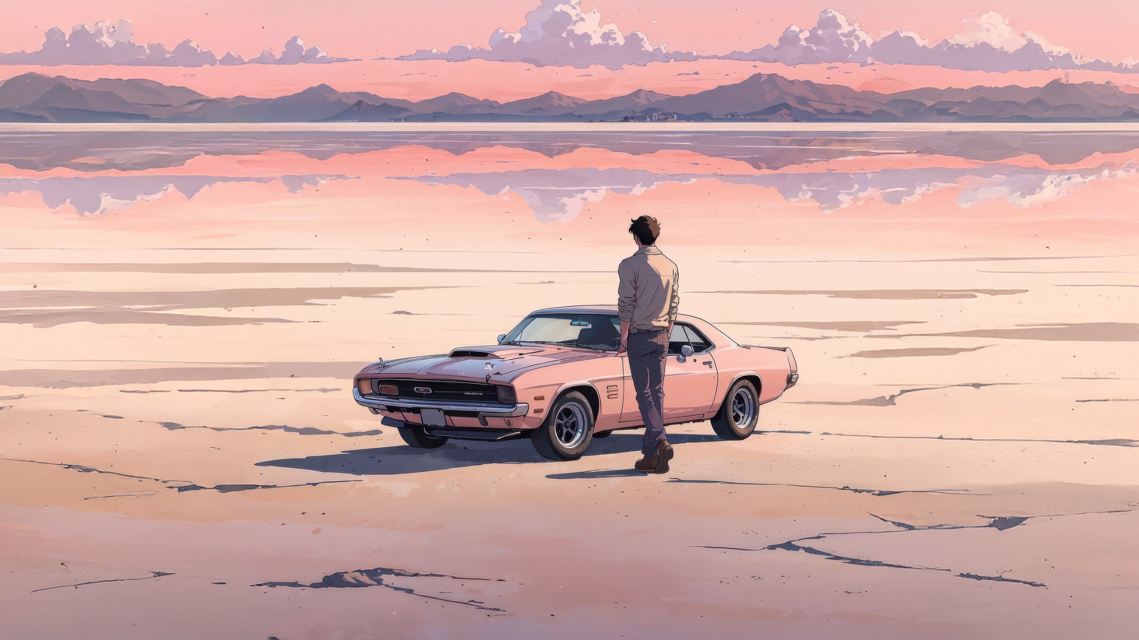 Man and Pink Car on Salt Flats at Sunset HD Wallpaper