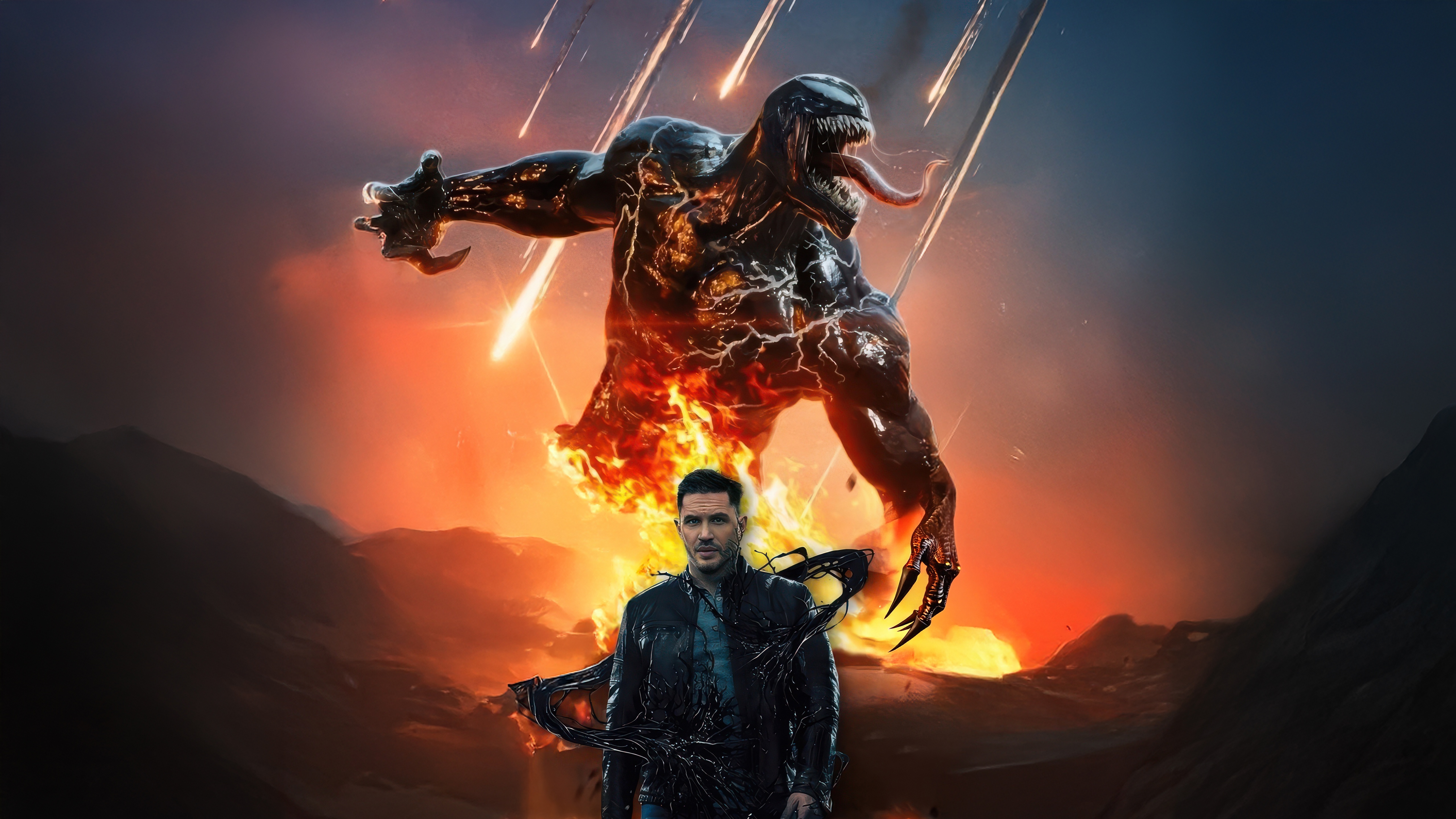 Venom and Eddie Brock in a fiery landscape HD Wallpaper