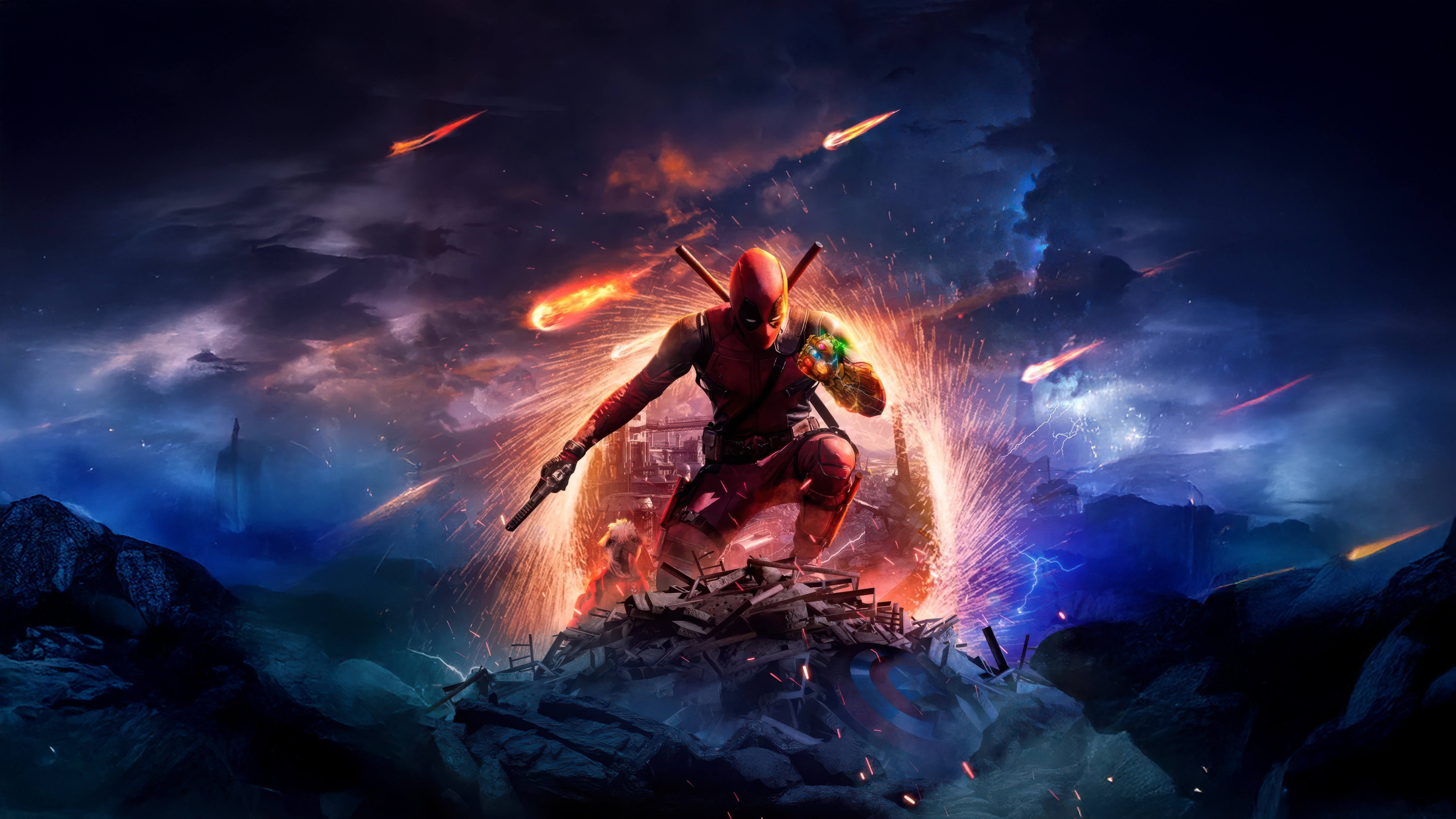 Deadpool with Infinity Gauntlet and Meteors HD Wallpaper