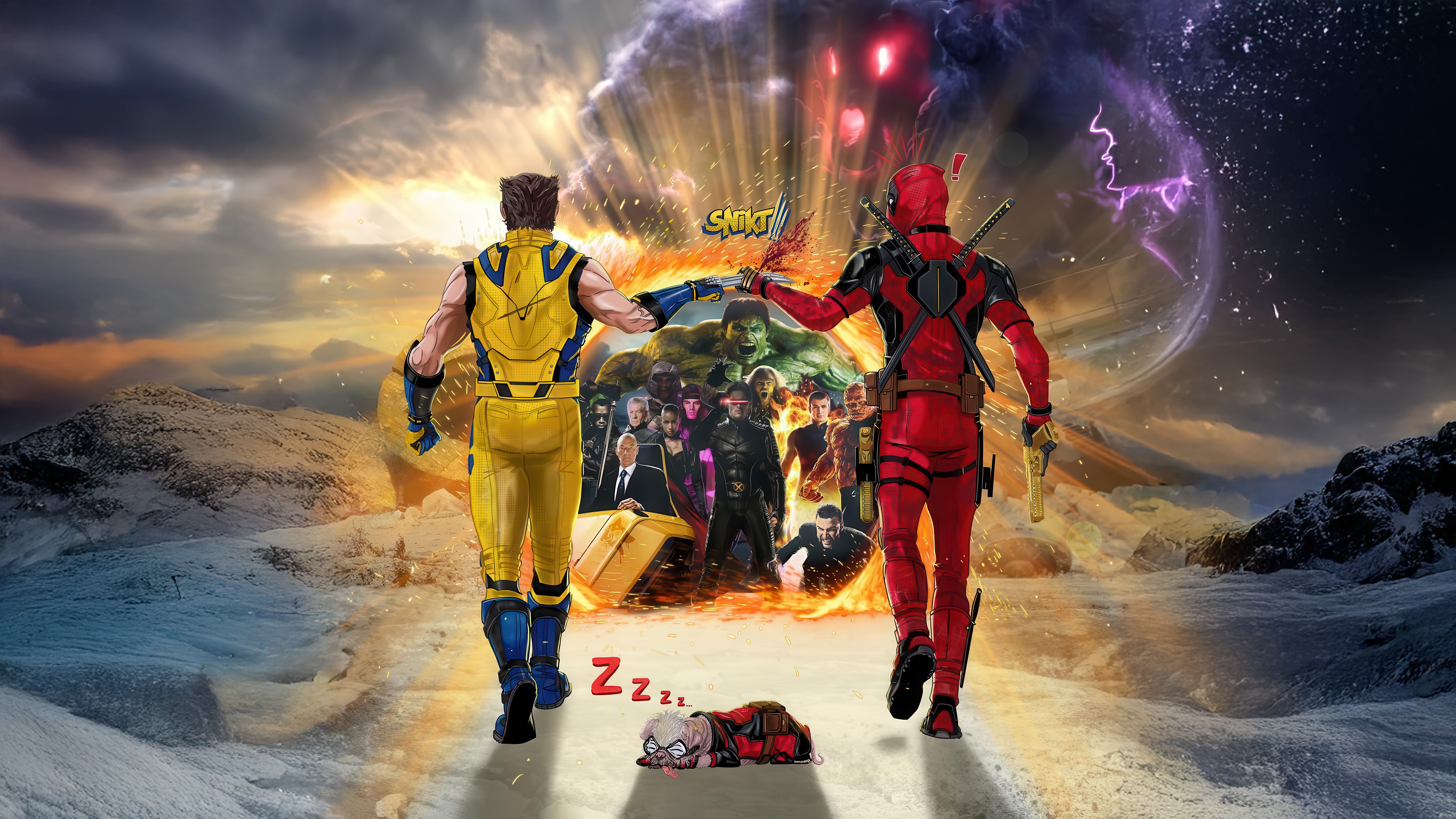Deadpool and Wolverine meet Avengers through portal HD Wallpaper