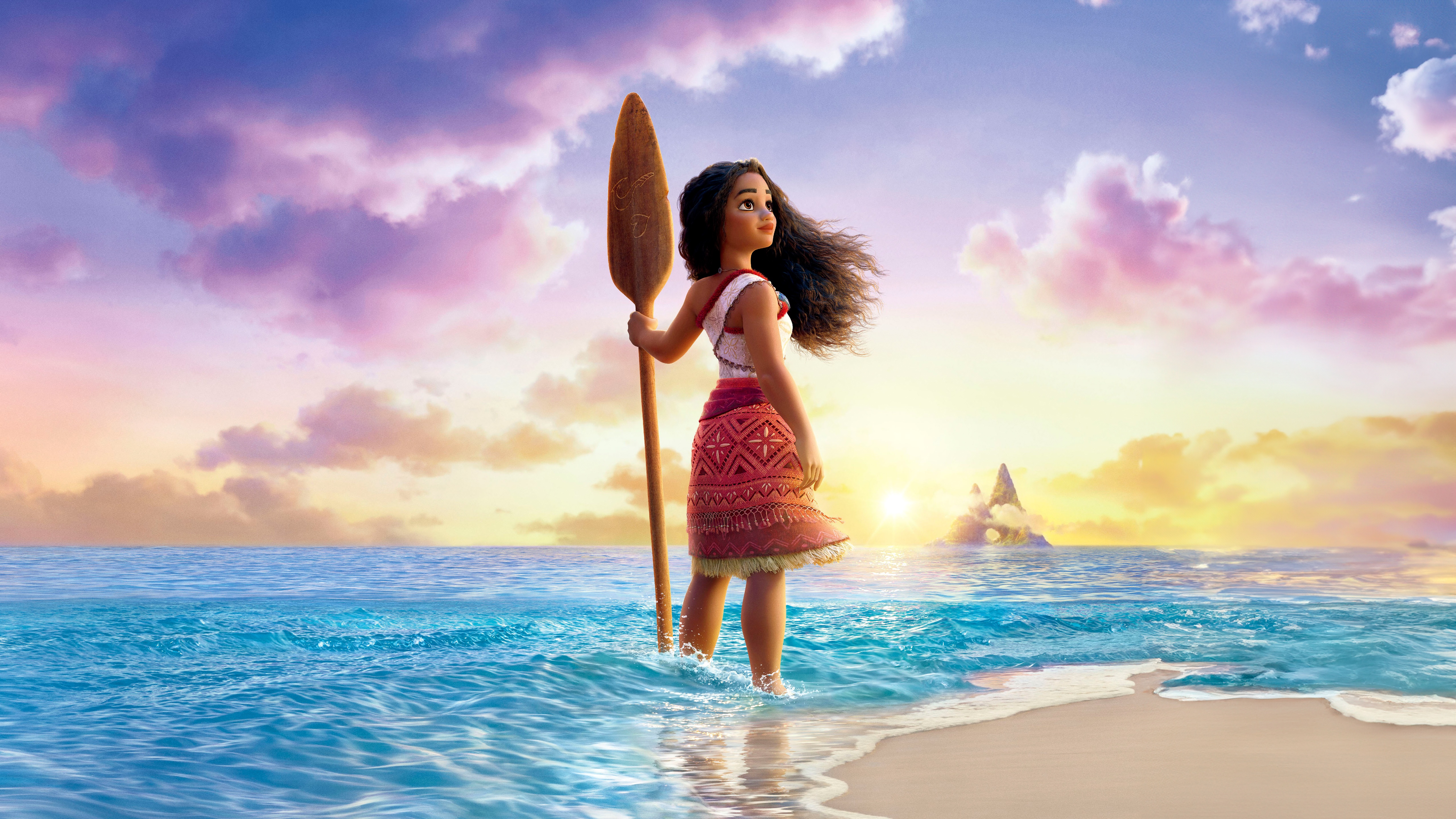 Moana standing in the ocean with a paddle HD Wallpaper