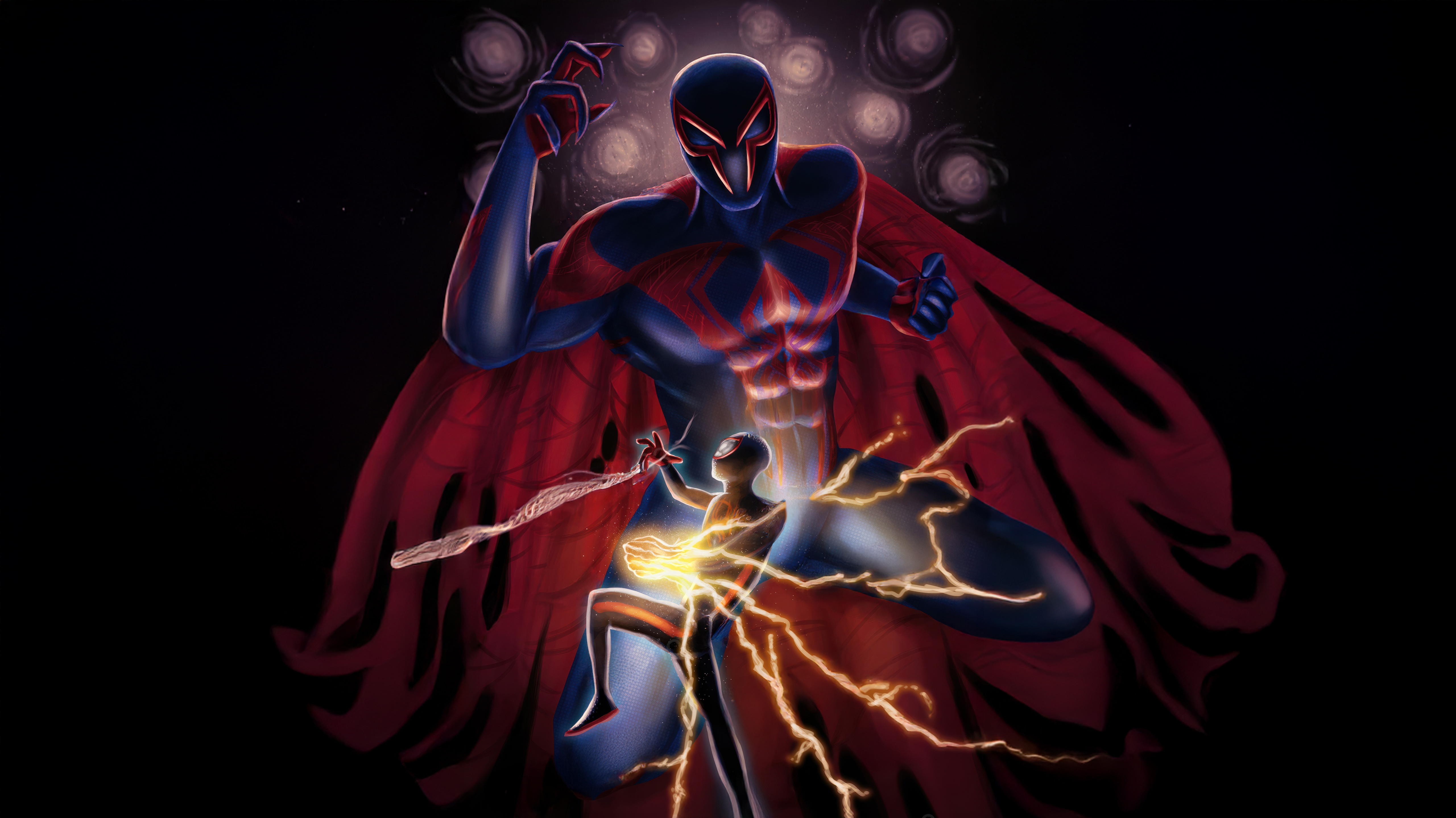Spider-Man 2099 and Miles Morales with lightning HD Wallpaper