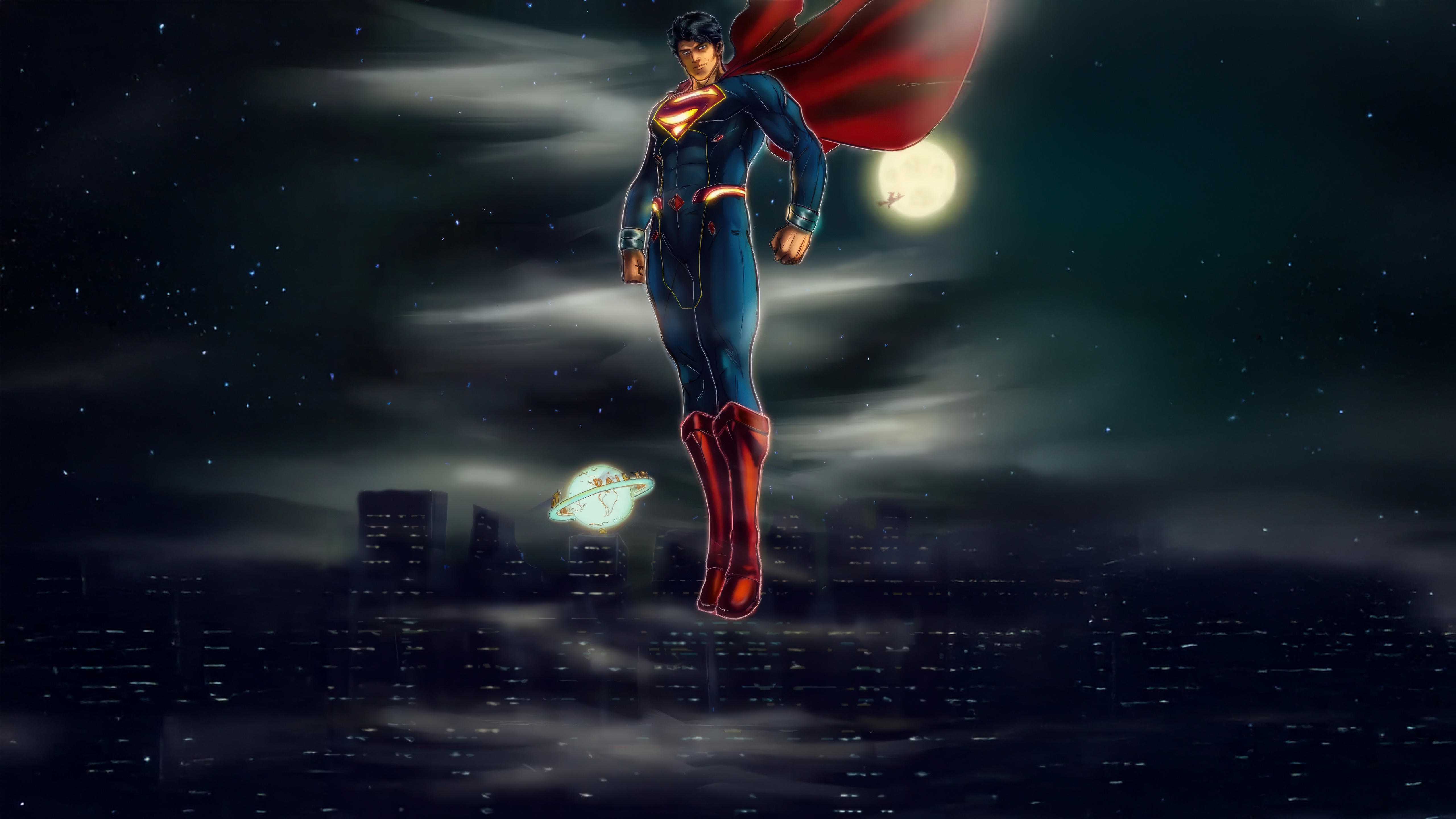Superman flying over a city at night HD Wallpaper
