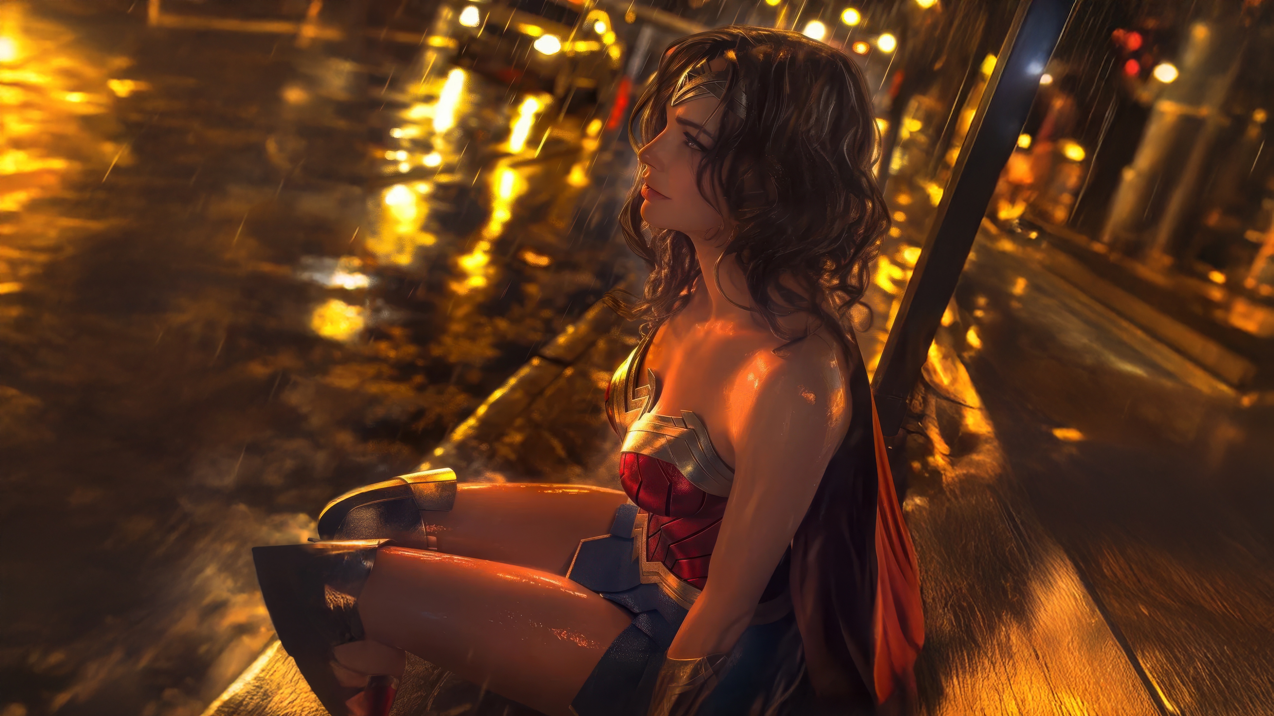 Wonder Woman sitting in the rain at night HD Wallpaper