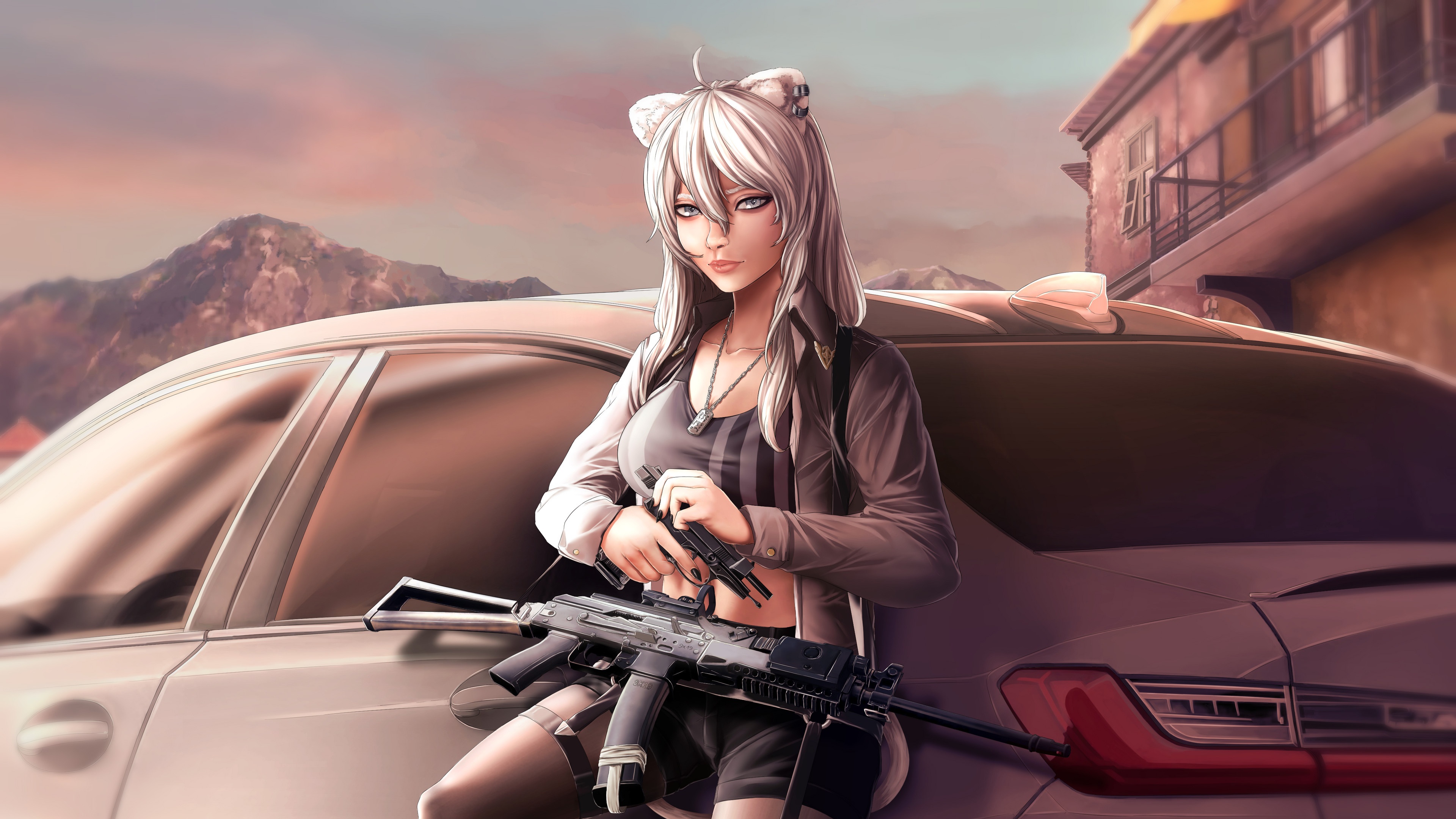 Shishiro with guns by a car HD Wallpaper