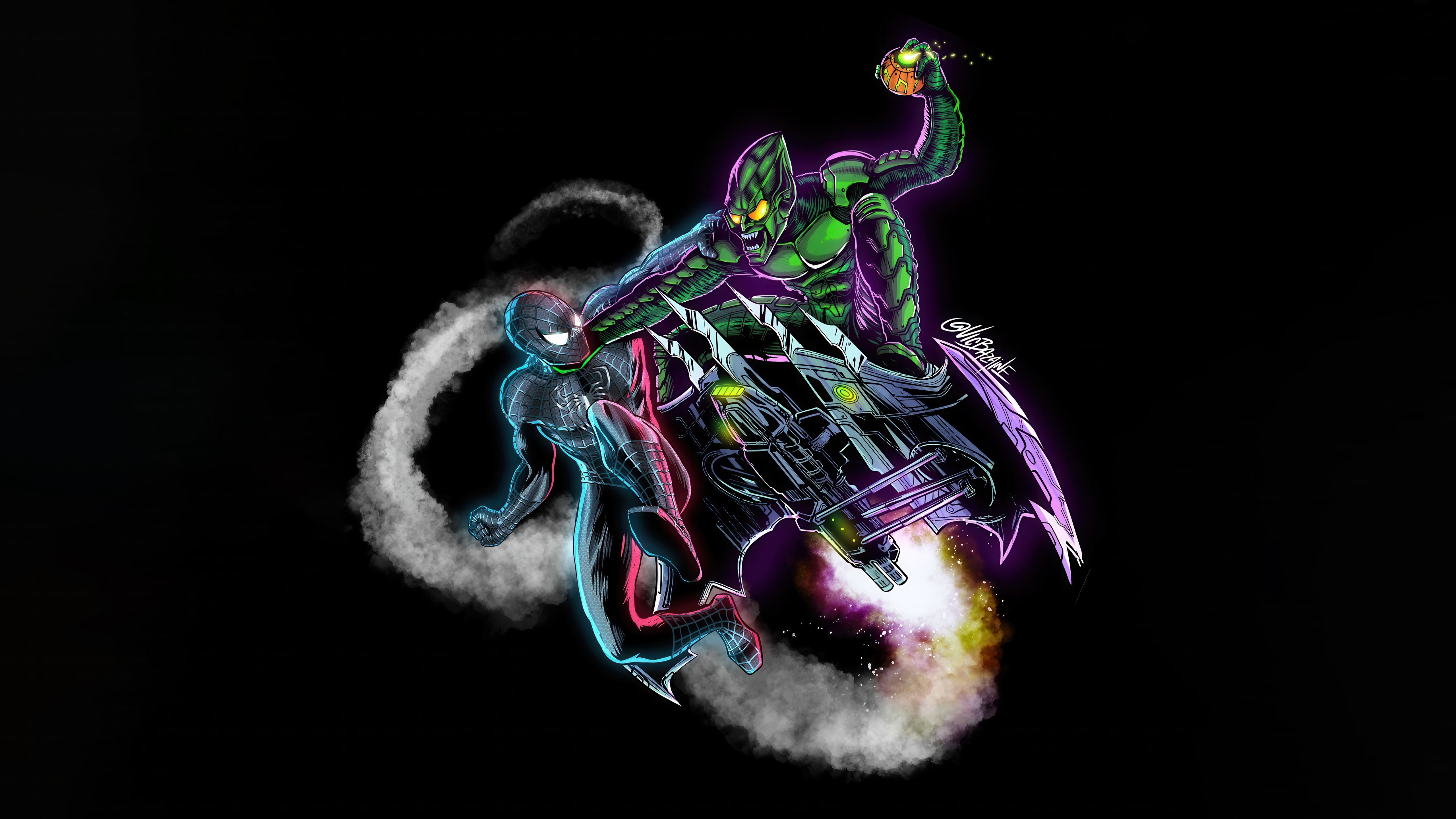Green Goblin attacks Symbiote Spiderman on glider HD Wallpaper