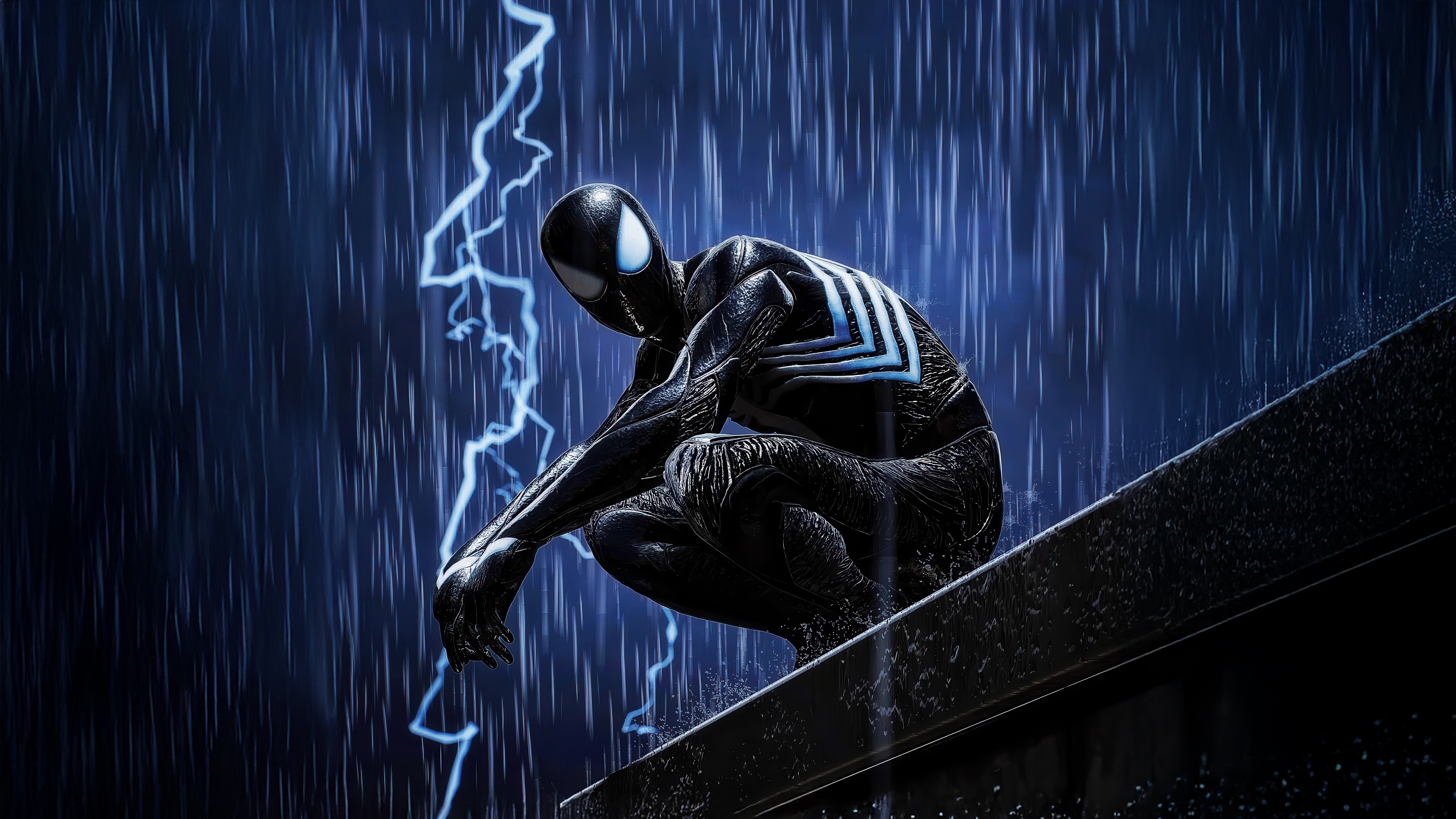 Spider-Man in Black Suit during a Thunderstorm HD Wallpaper
