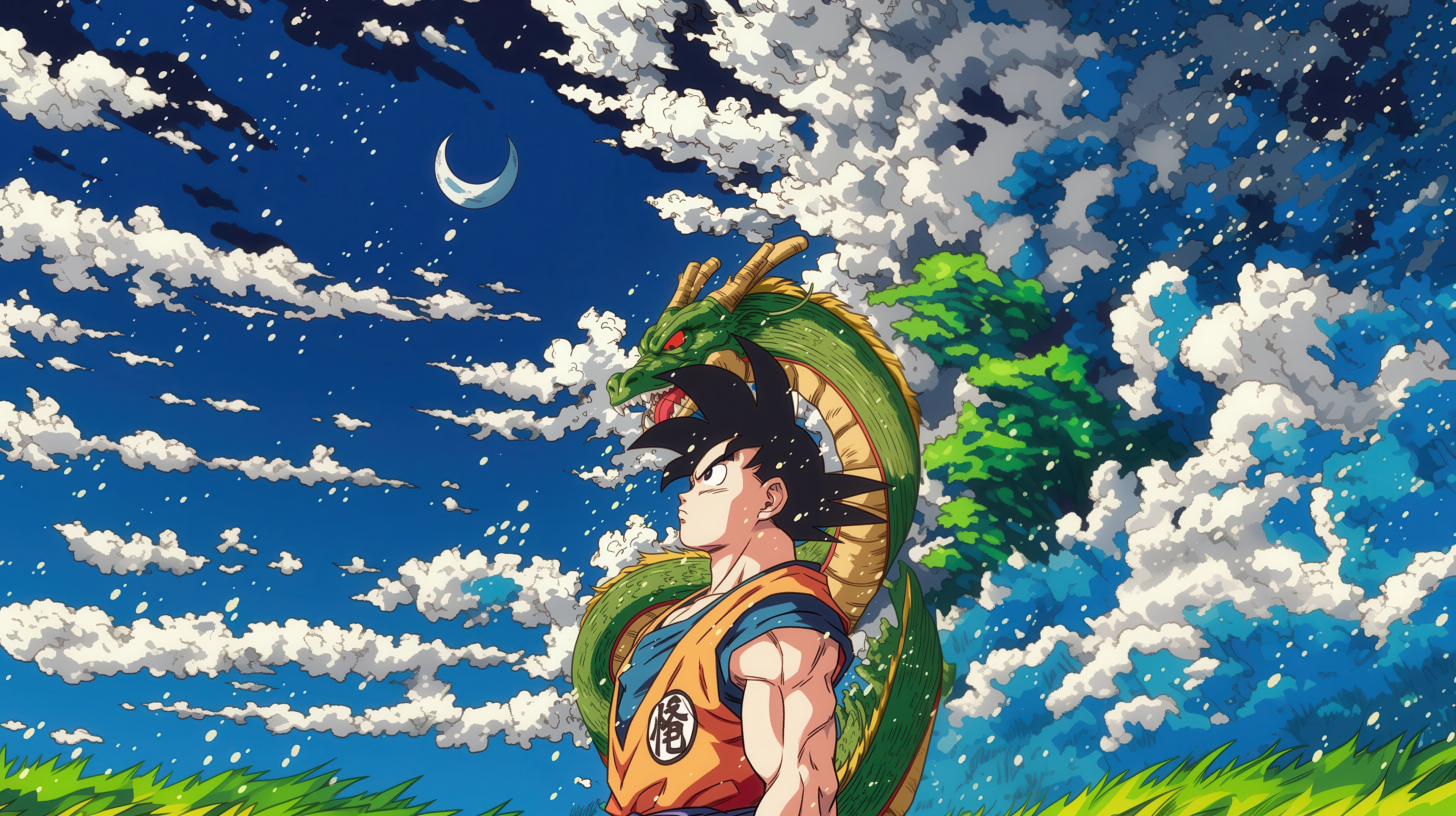Son Goku and Shenron under a starry sky HD Wallpaper