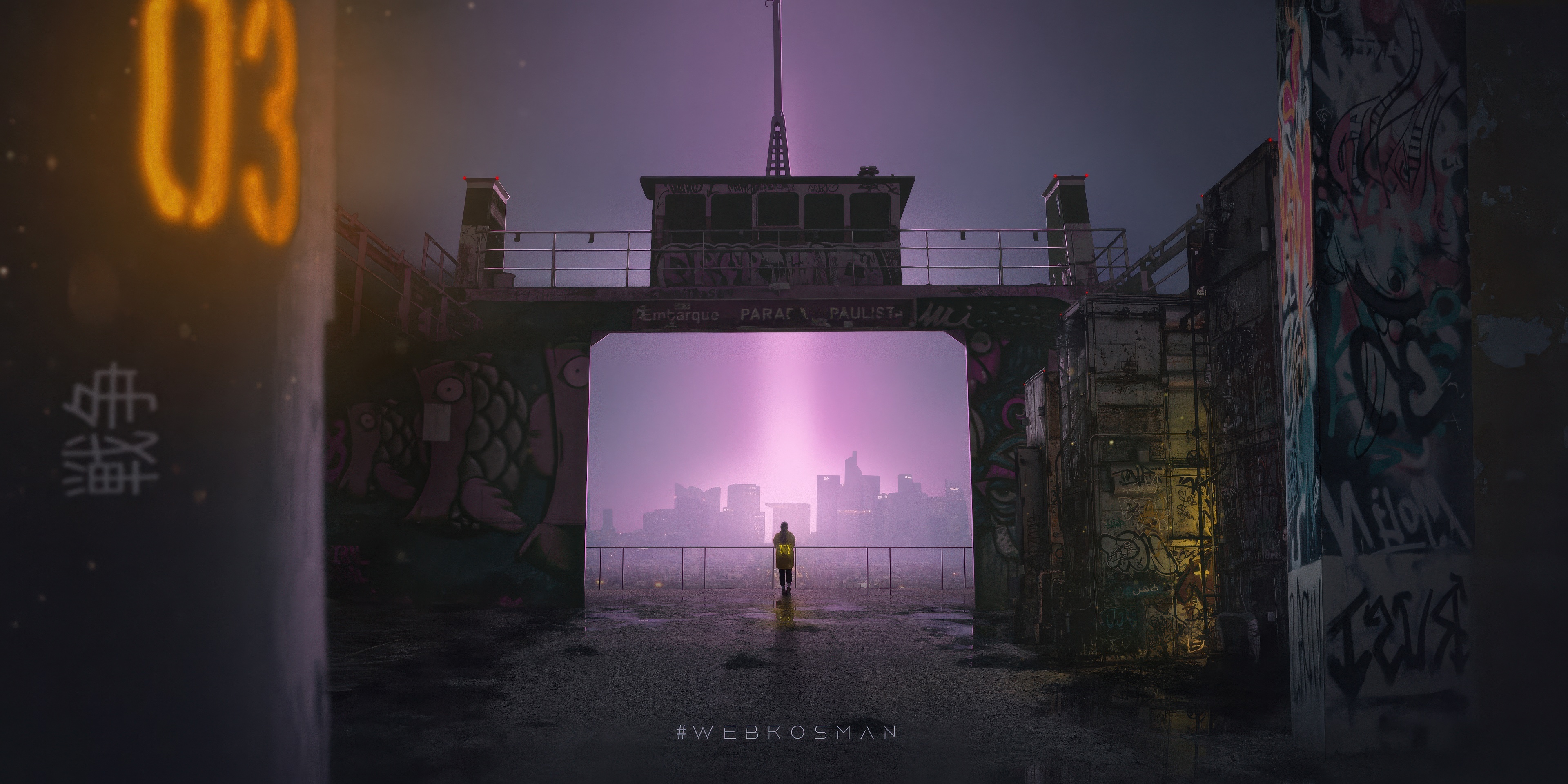 A Lone Figure Gazes at a Futuristic Cityscape HD Wallpaper