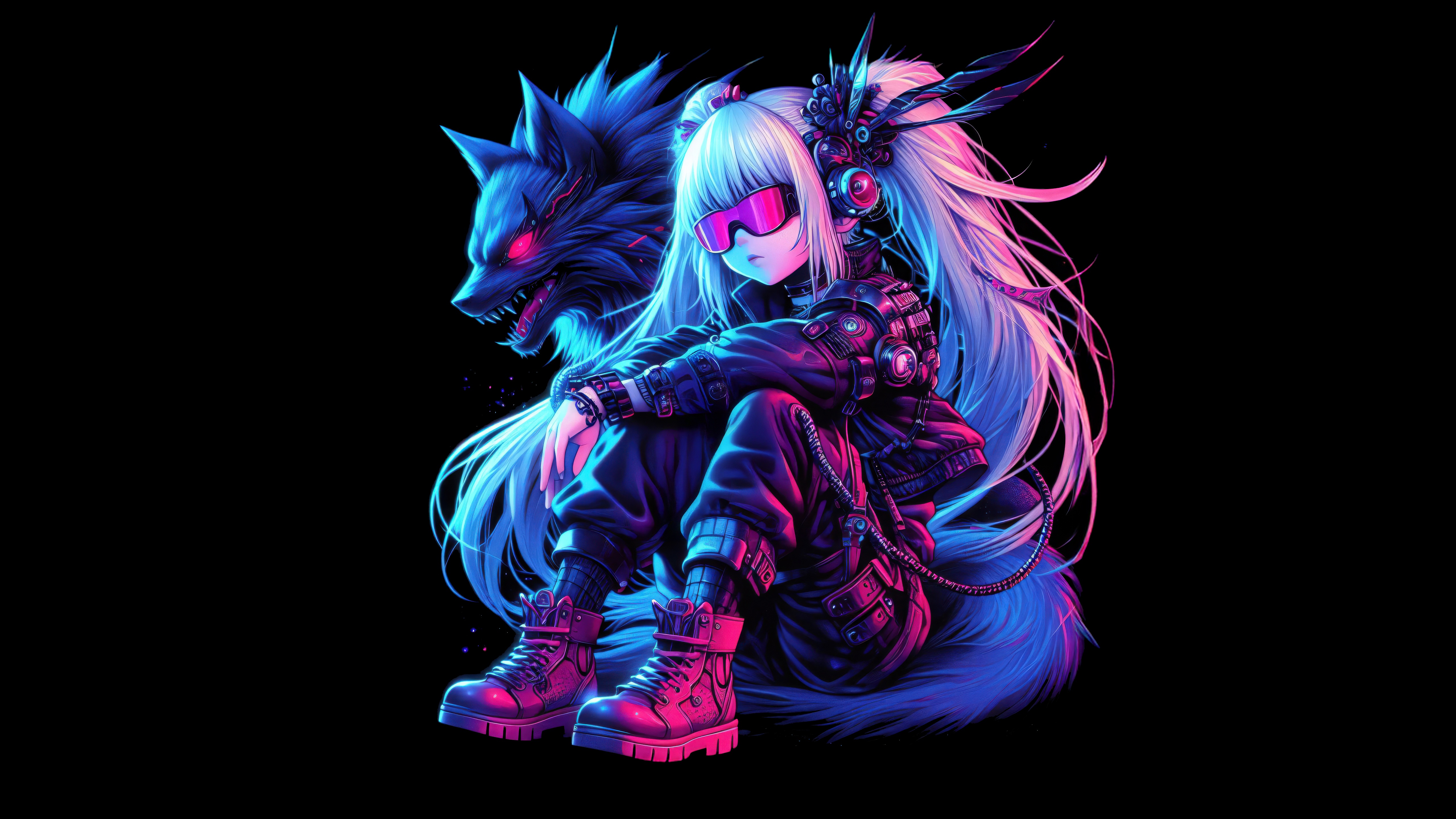 Cyber Girl and Wolf with Neon Lights HD Wallpaper