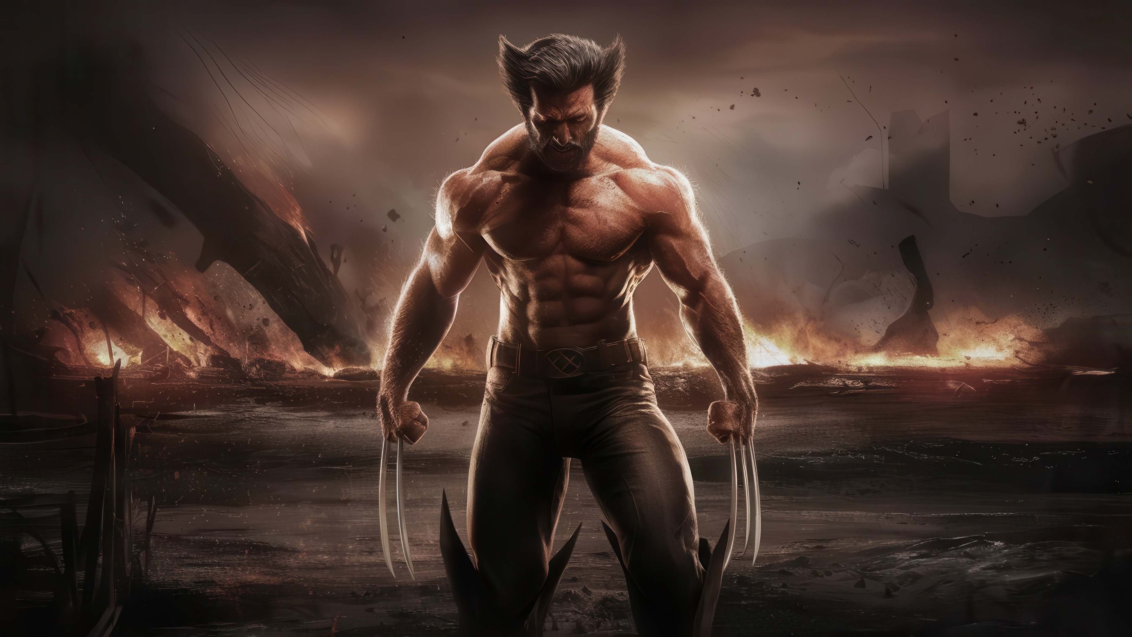Wolverine with Adamantium Claws in Fiery Landscape HD Wallpaper