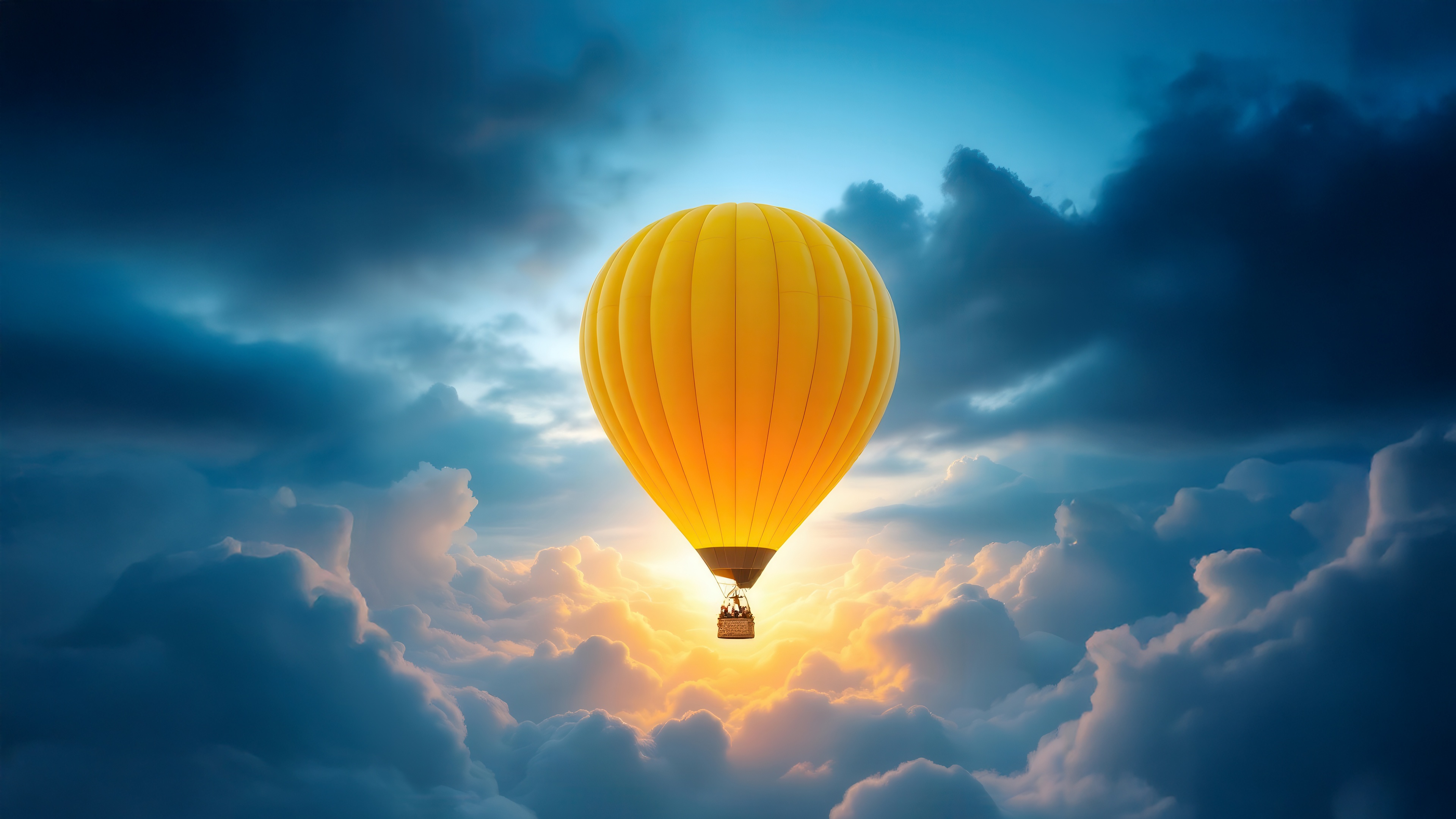Yellow hot air balloon above clouds at sunset HD Wallpaper