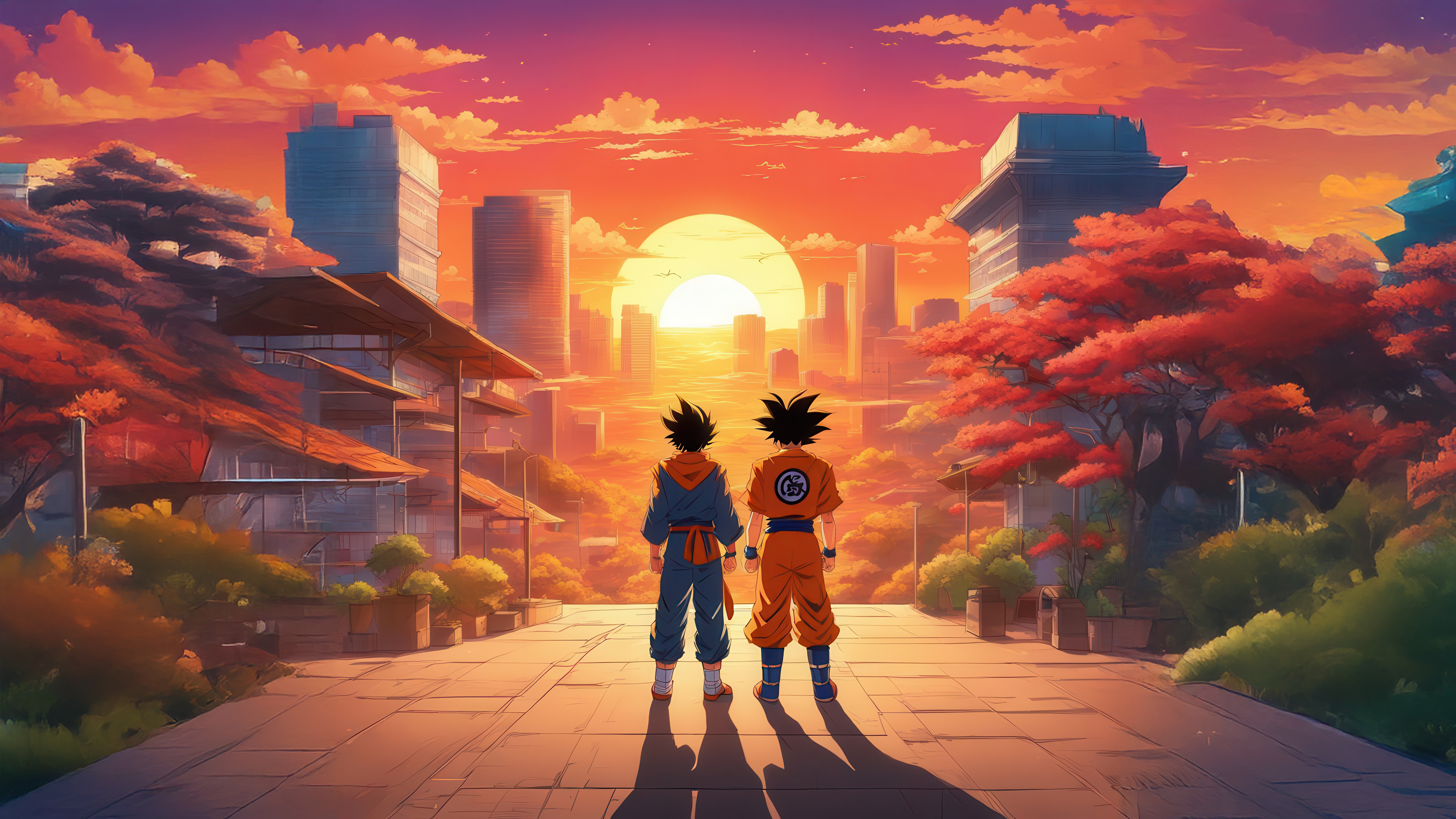 Goku and Akira in a city at sunset HD Wallpaper