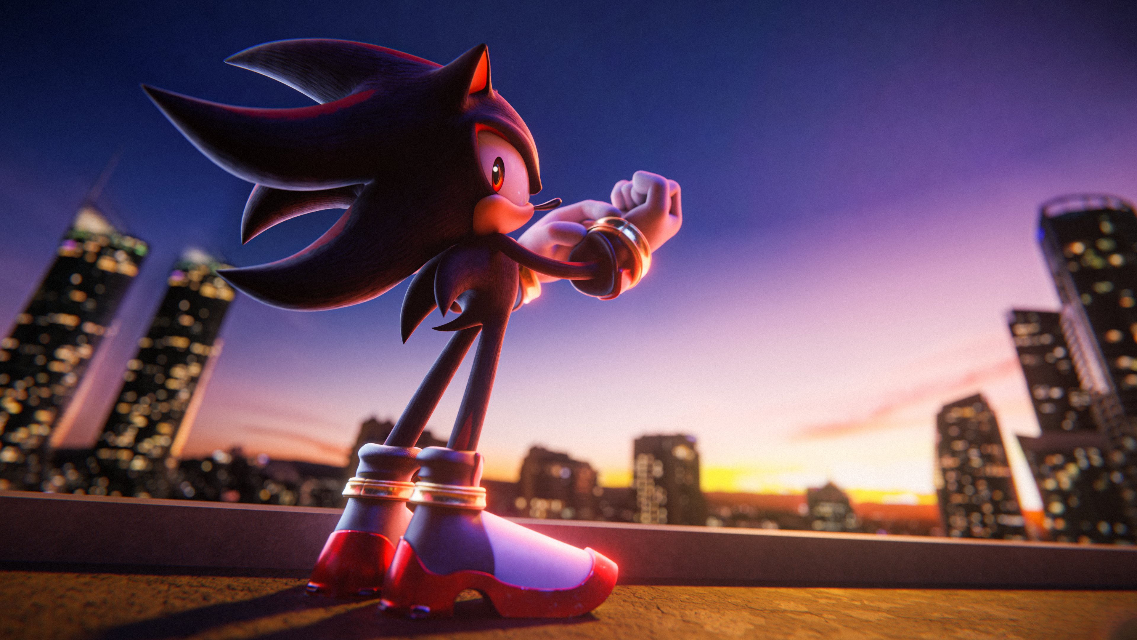 Shadow the Hedgehog stands on a rooftop at sunset HD Wallpaper