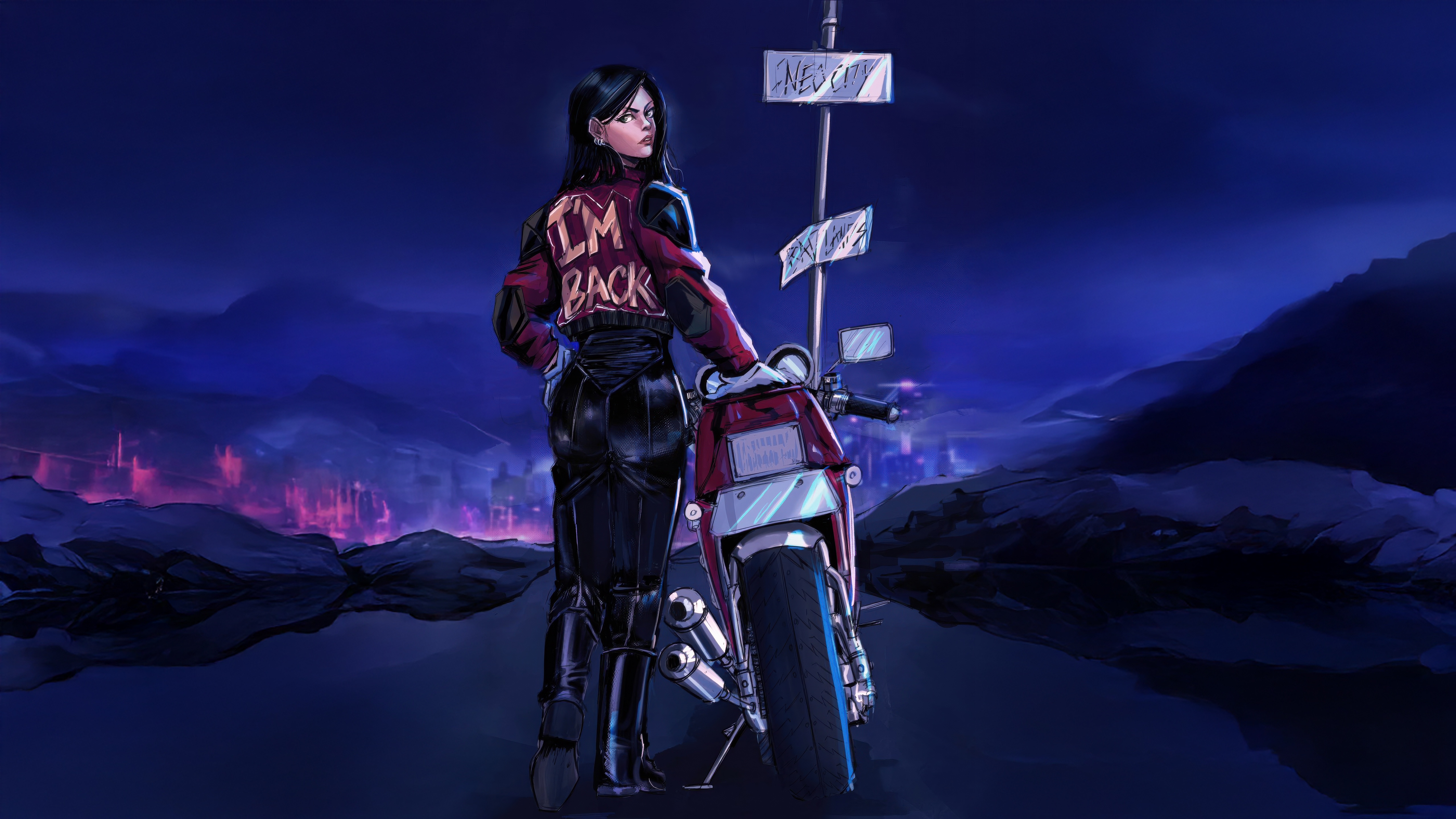 Biker Girl "I'm Back" by a Roadside Sign HD Wallpaper